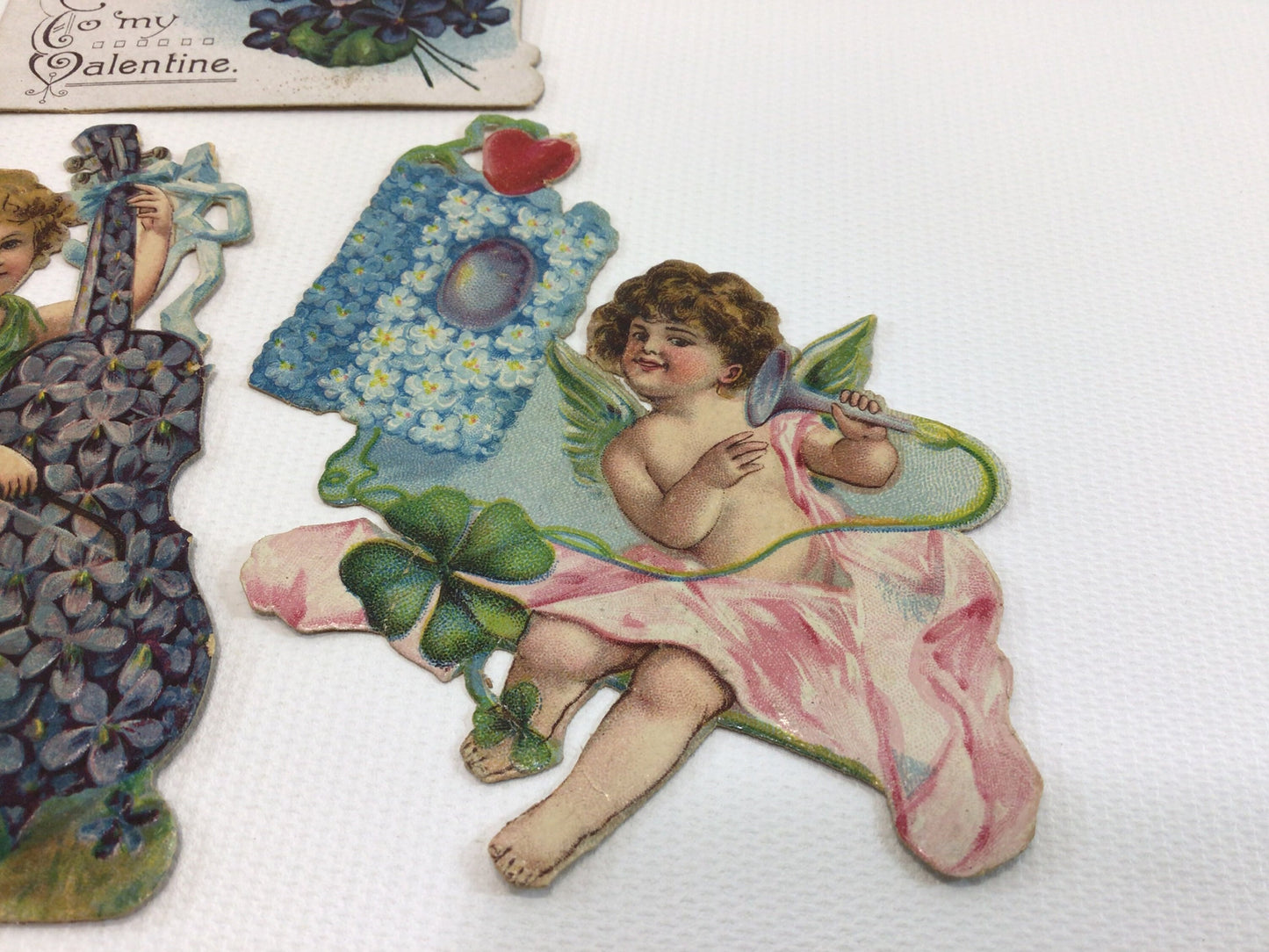 Victorian era Valentine Cards Die Cut Embossed Purple Violets Antique Graphic Illustrations