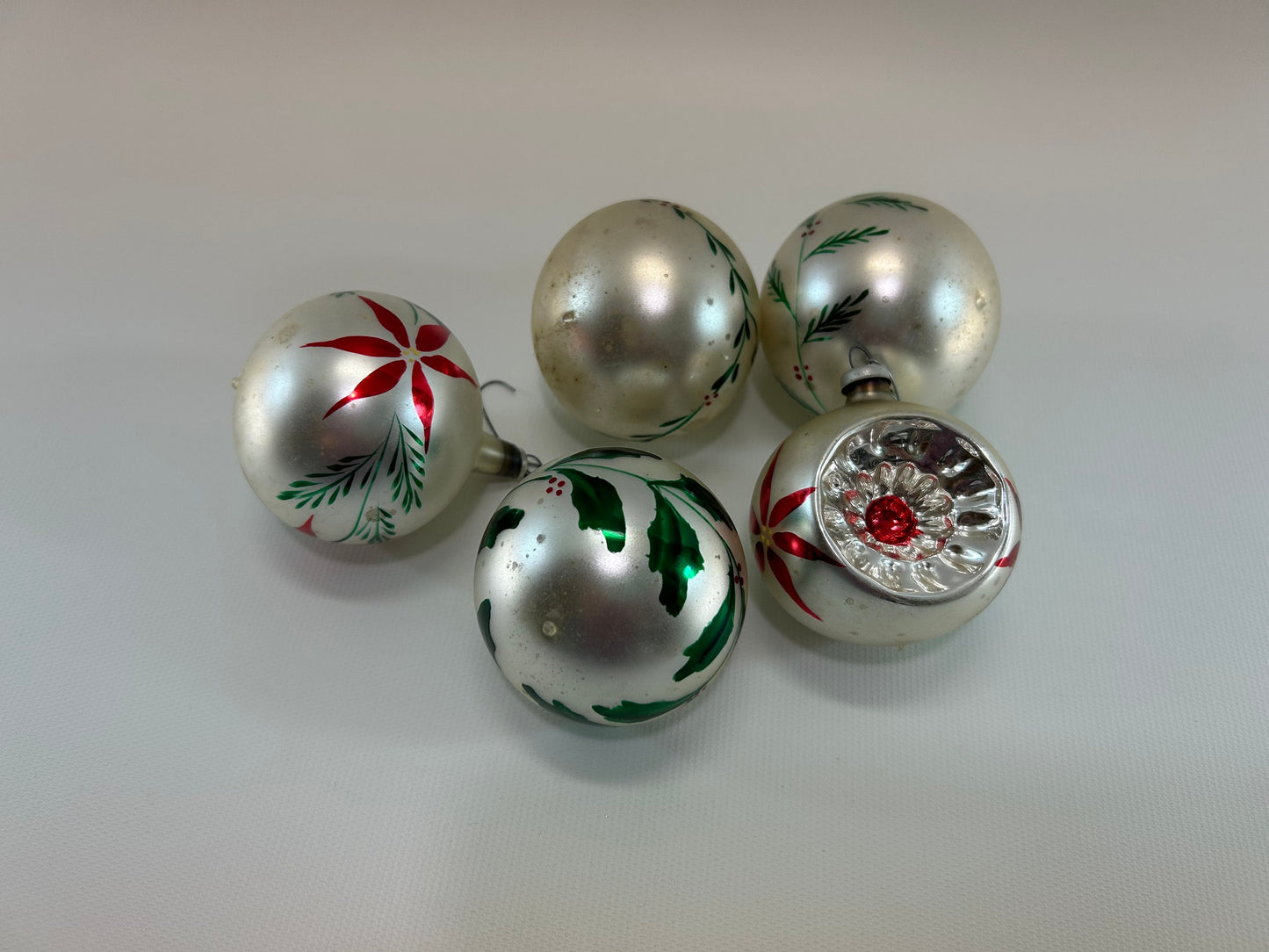 Vintage Mercury Glass Christmas Ball Ornaments Poland Cali Col 2" Red Green Poinsettia Pine Stenciled Design Silver Hanger 1 is Indent