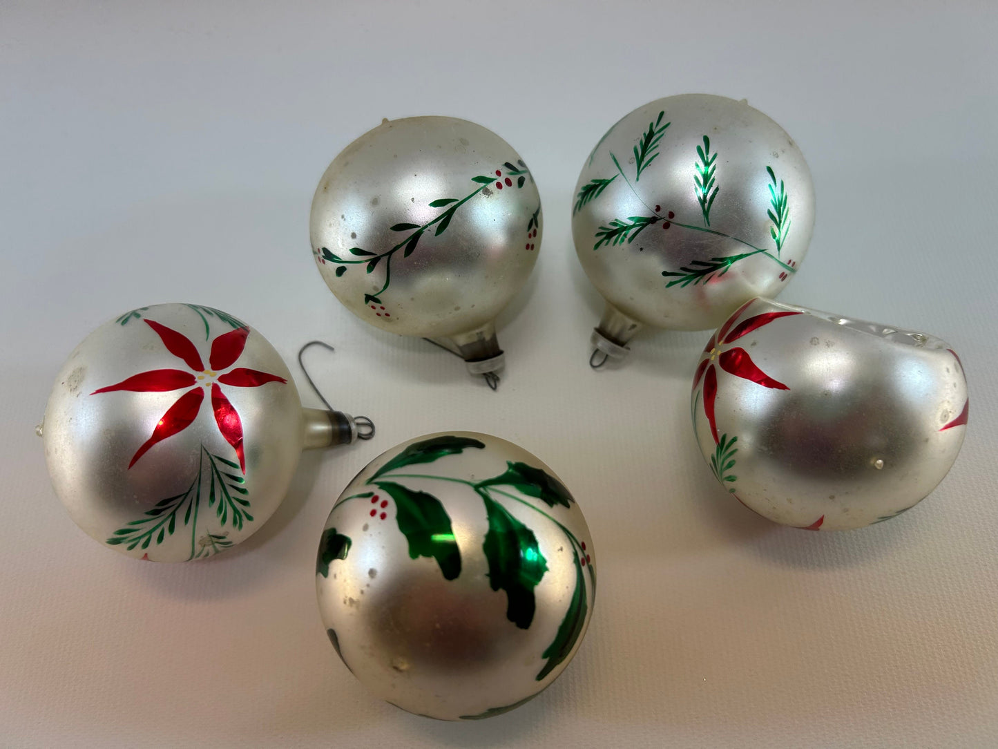 Vintage Mercury Glass Christmas Ball Ornaments Poland Cali Col 2" Red Green Poinsettia Pine Stenciled Design Silver Hanger 1 is Indent