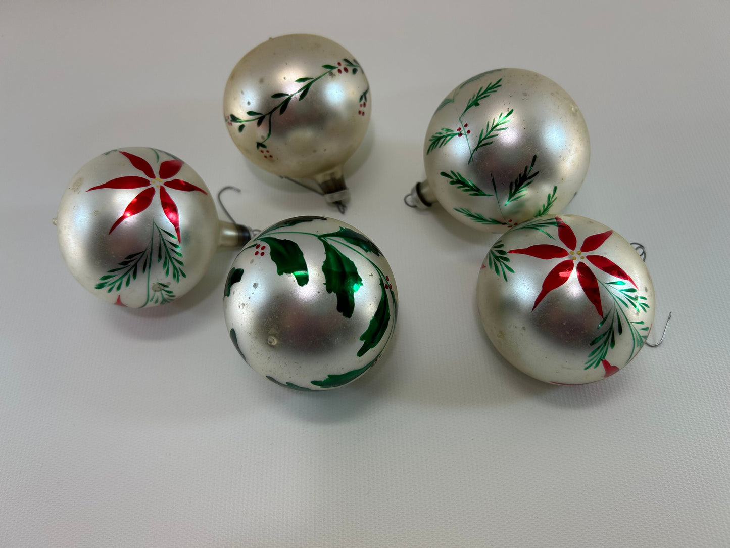 Vintage Mercury Glass Christmas Ball Ornaments Poland Cali Col 2" Red Green Poinsettia Pine Stenciled Design Silver Hanger 1 is Indent