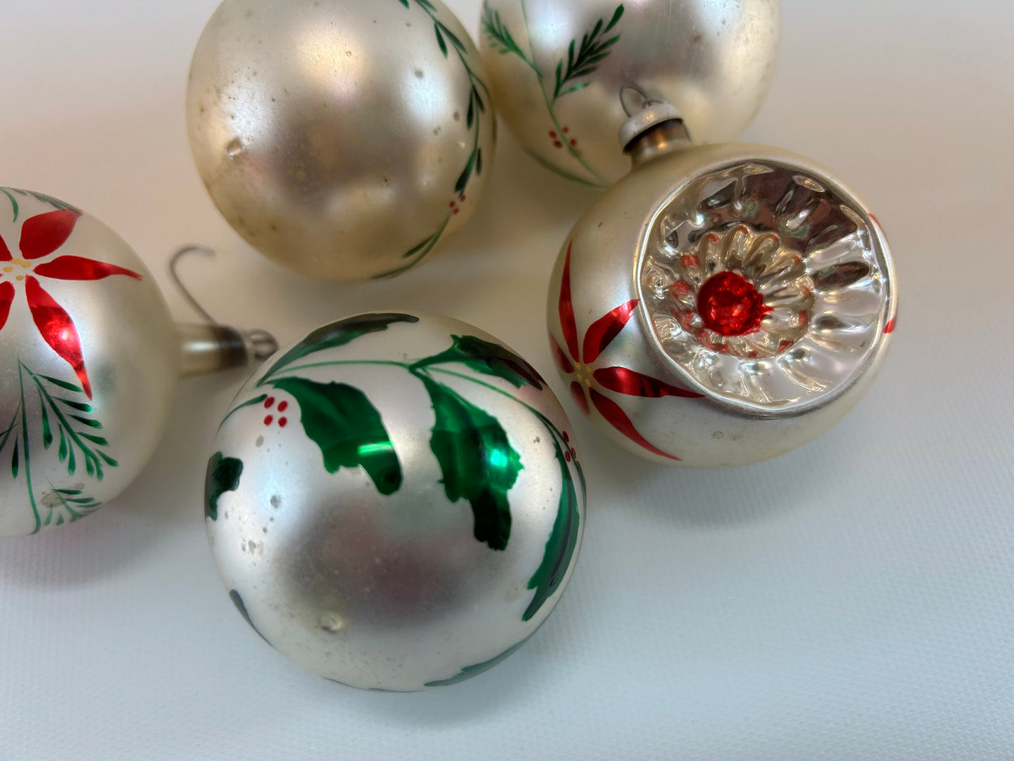 Vintage Mercury Glass Christmas Ball Ornaments Poland Cali Col 2" Red Green Poinsettia Pine Stenciled Design Silver Hanger 1 is Indent