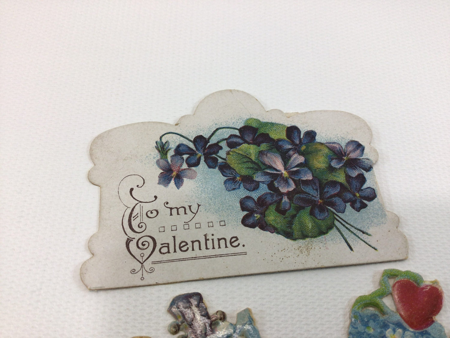Victorian era Valentine Cards Die Cut Embossed Purple Violets Antique Graphic Illustrations