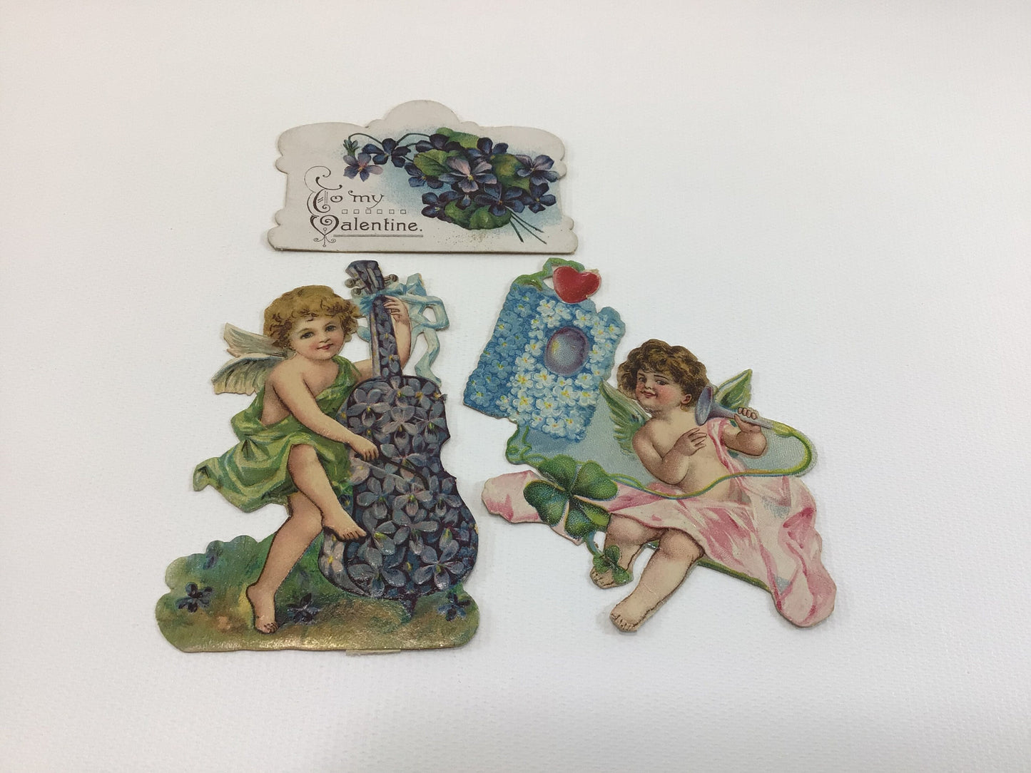 Victorian era Valentine Cards Die Cut Embossed Purple Violets Antique Graphic Illustrations