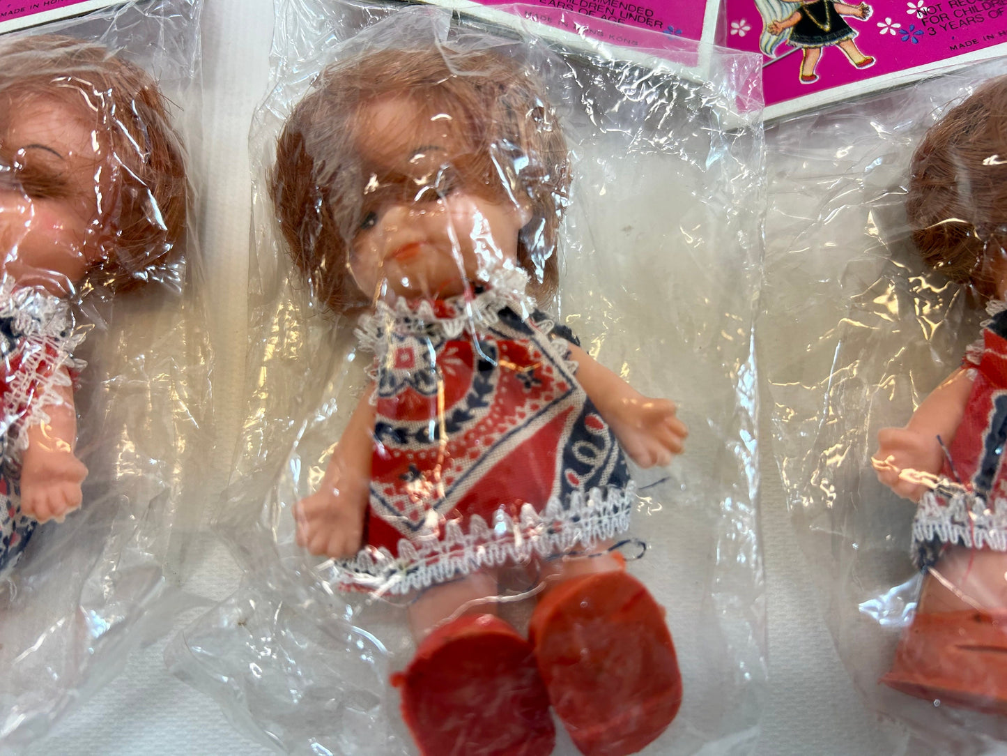 Vintage Dime Store Doll 3 1/4" Triplets Set of Three Small Retro Dolls Red Hair Red White Blue Dress In Original Packages