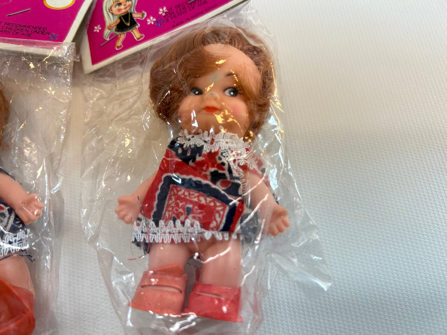 Vintage Dime Store Doll 3 1/4" Triplets Set of Three Small Retro Dolls Red Hair Red White Blue Dress In Original Packages