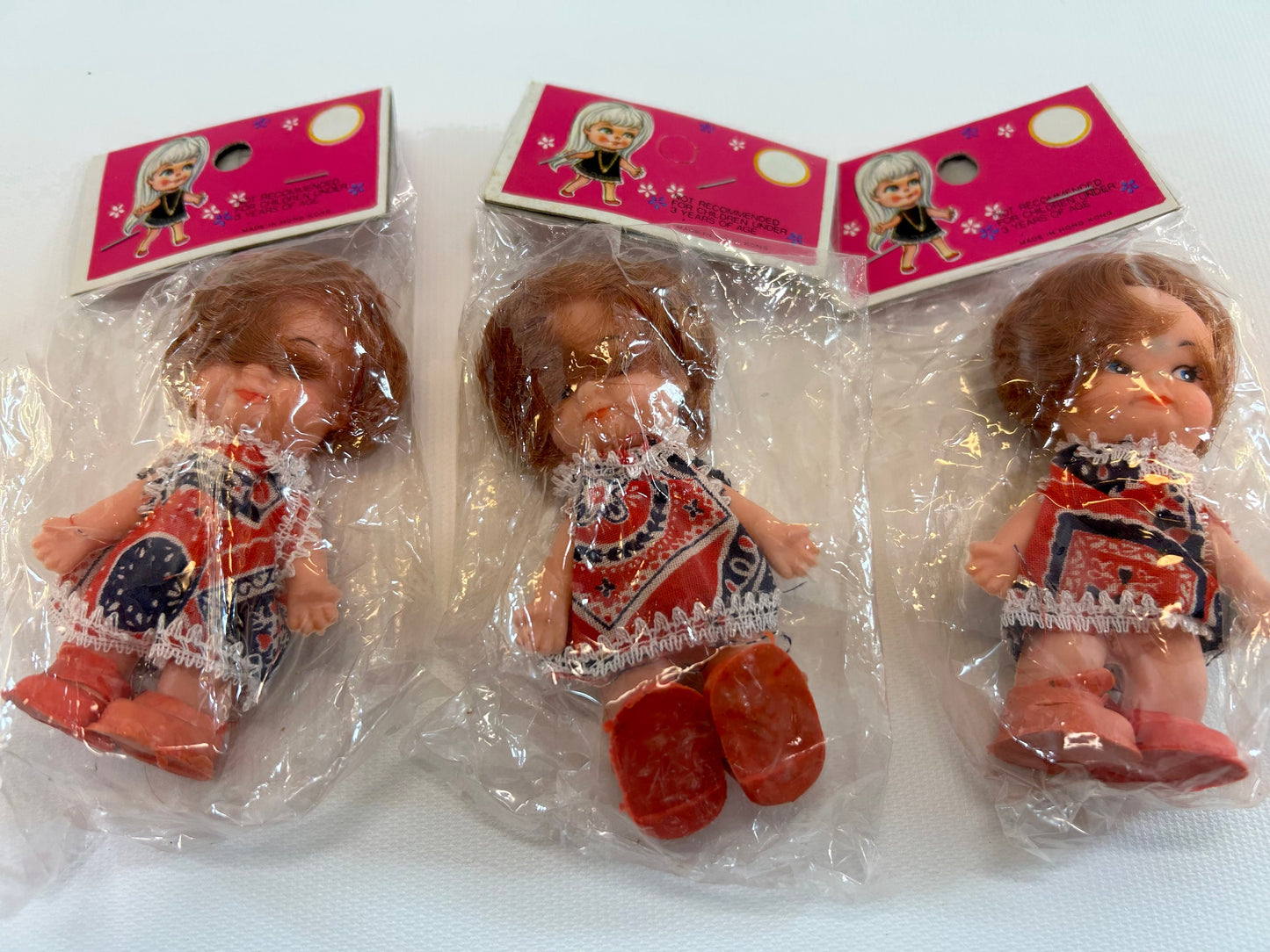 Vintage Dime Store Doll 3 1/4" Triplets Set of Three Small Retro Dolls Red Hair Red White Blue Dress In Original Packages