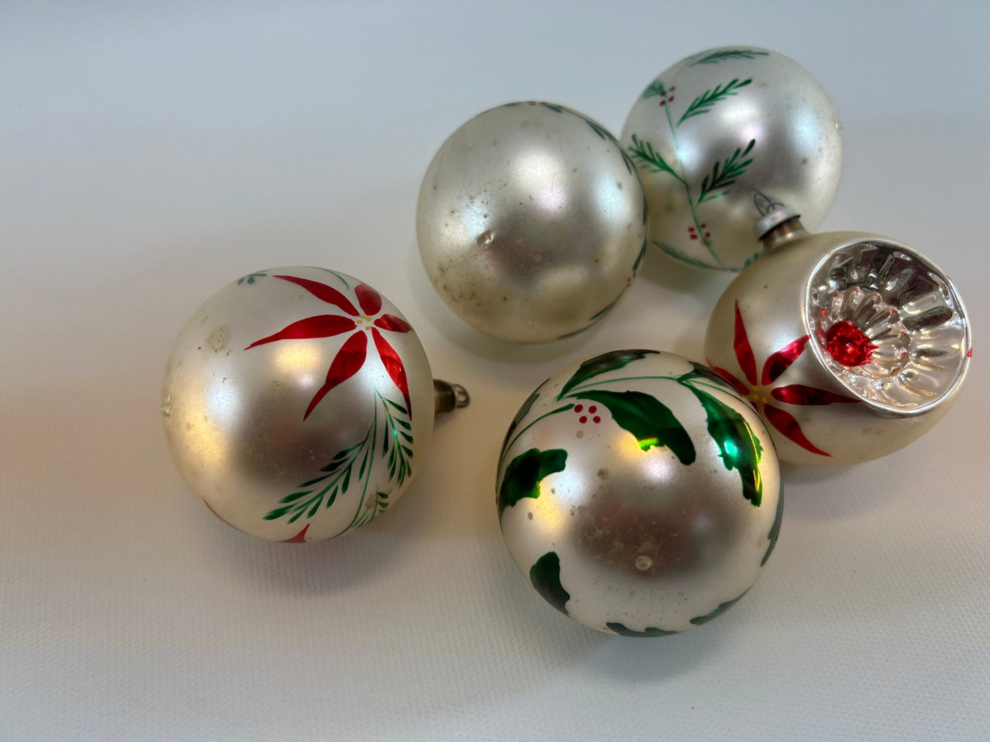 Vintage Mercury Glass Christmas Ball Ornaments Poland Cali Col 2" Red Green Poinsettia Pine Stenciled Design Silver Hanger 1 is Indent