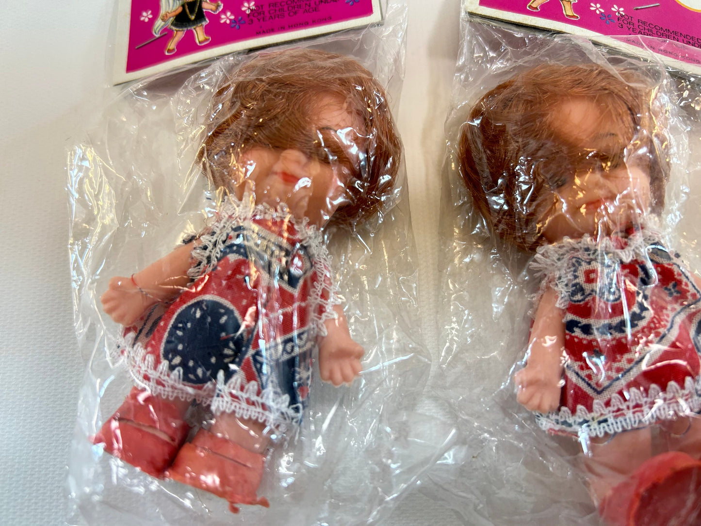 Vintage Dime Store Doll 3 1/4" Triplets Set of Three Small Retro Dolls Red Hair Red White Blue Dress In Original Packages