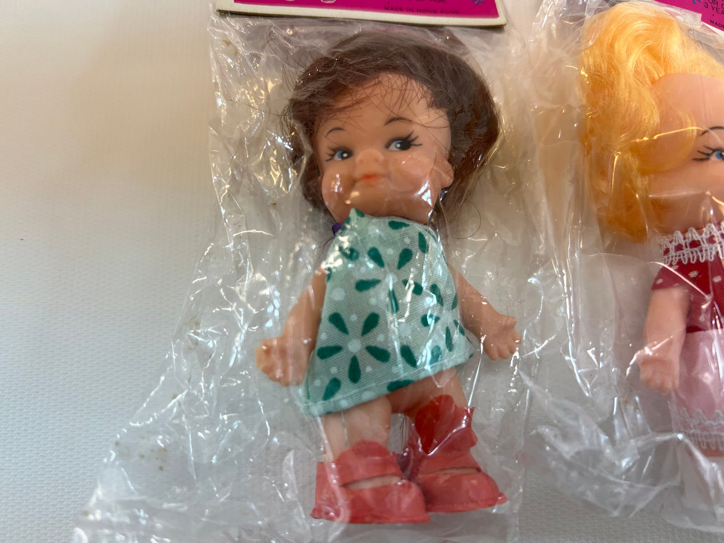 Vintage Dime Store Doll 3 1/4" Set of Two Small Retro Dolls Brown Blonde Hair Red Pink and Green Dress In Original Packages