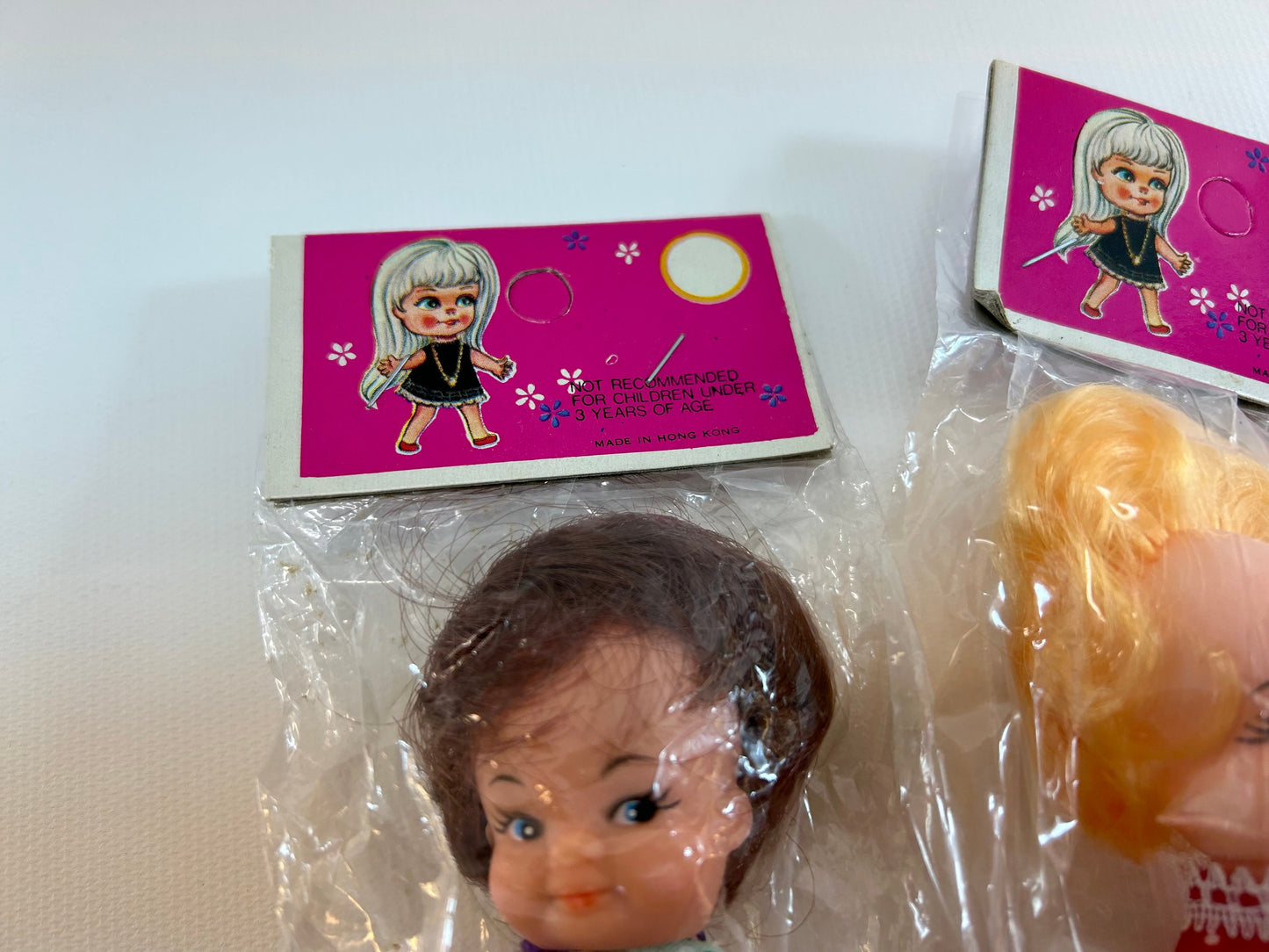 Vintage Dime Store Doll 3 1/4" Set of Two Small Retro Dolls Brown Blonde Hair Red Pink and Green Dress In Original Packages