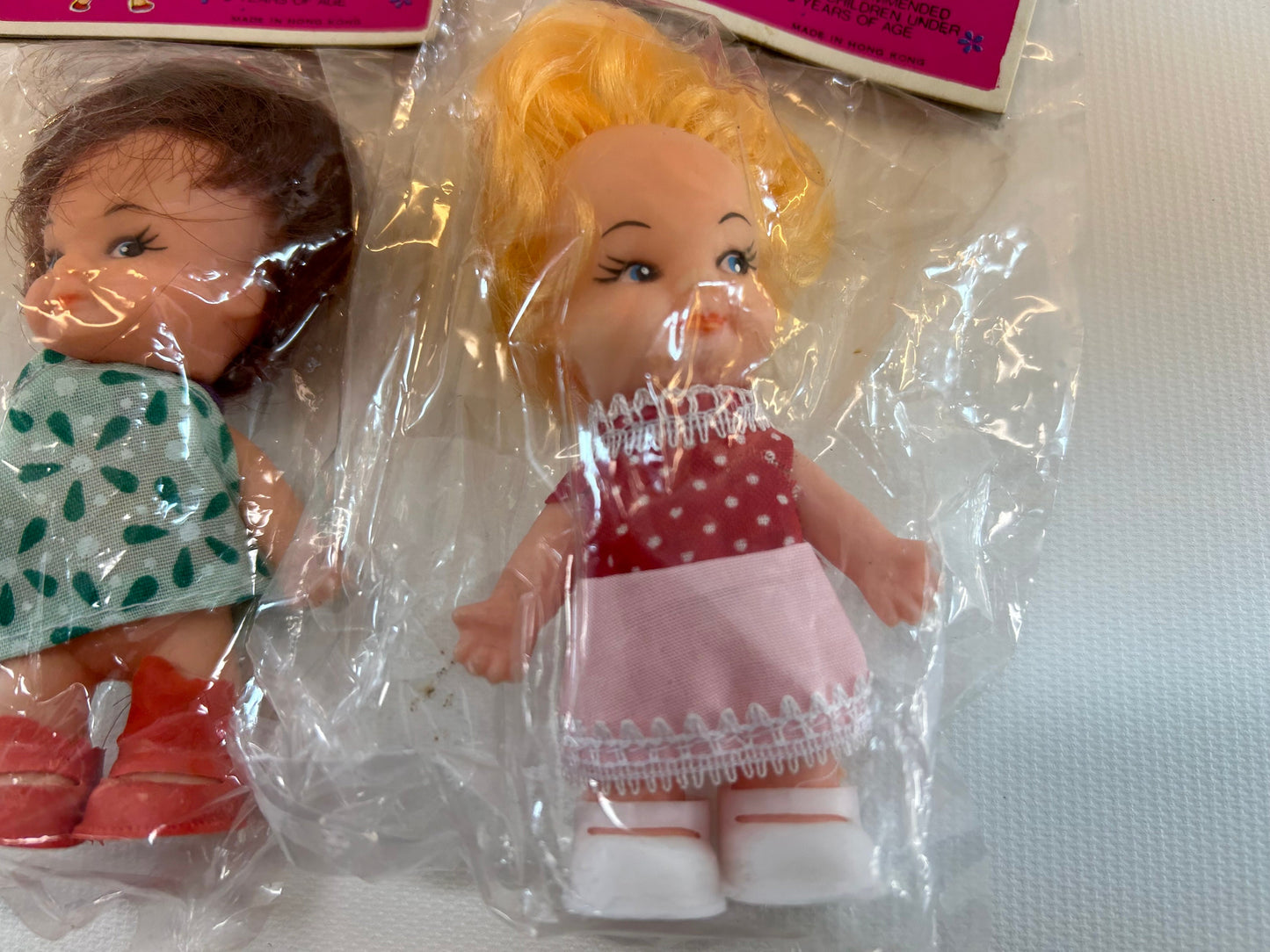 Vintage Dime Store Doll 3 1/4" Set of Two Small Retro Dolls Brown Blonde Hair Red Pink and Green Dress In Original Packages