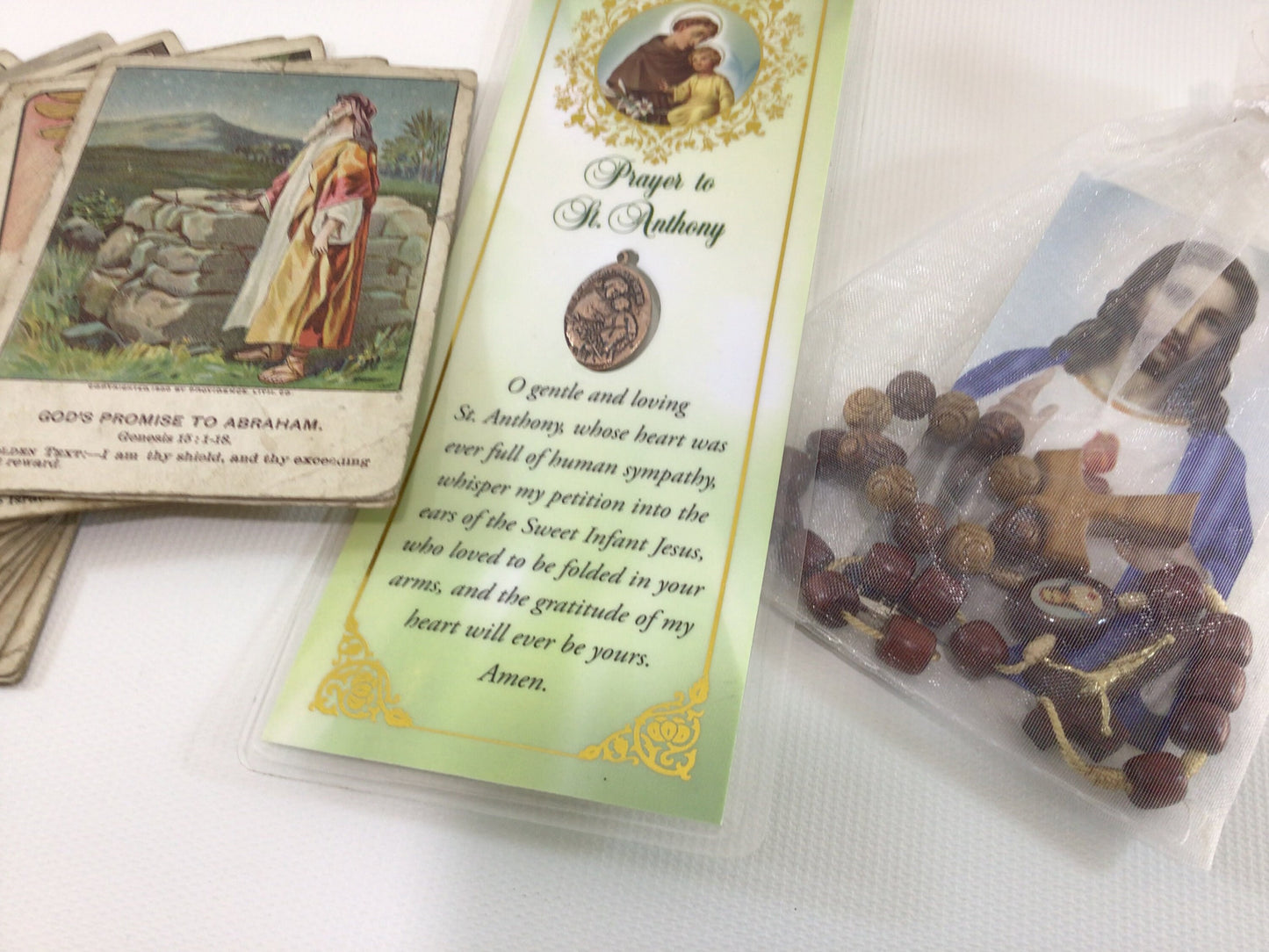 Religious Catholic Items Lot Vintage Bookmark Wooden Bead Rosary and Antique Berean Lesson Pictures
