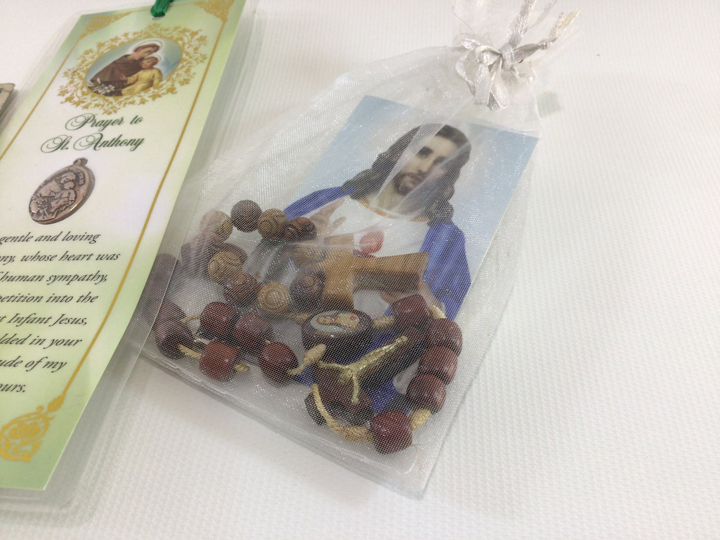 Religious Catholic Items Lot Vintage Bookmark Wooden Bead Rosary and Antique Berean Lesson Pictures