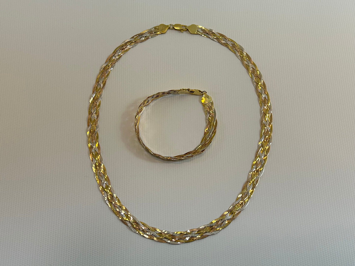 Sterling Silver Tricolor Gold Necklace Bracelet Set Rose Yellow Gold Over Silver Braided Chain Jewelry