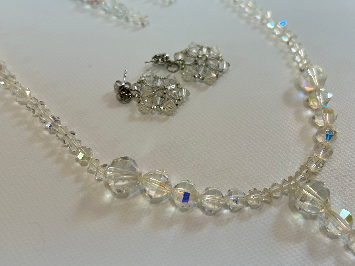 Faceted Aurora Borealis Glass Crystal Bead Necklace Earrings Set Icicle Wire Dangle Snowflake Stud Dandle Drop Jewelry