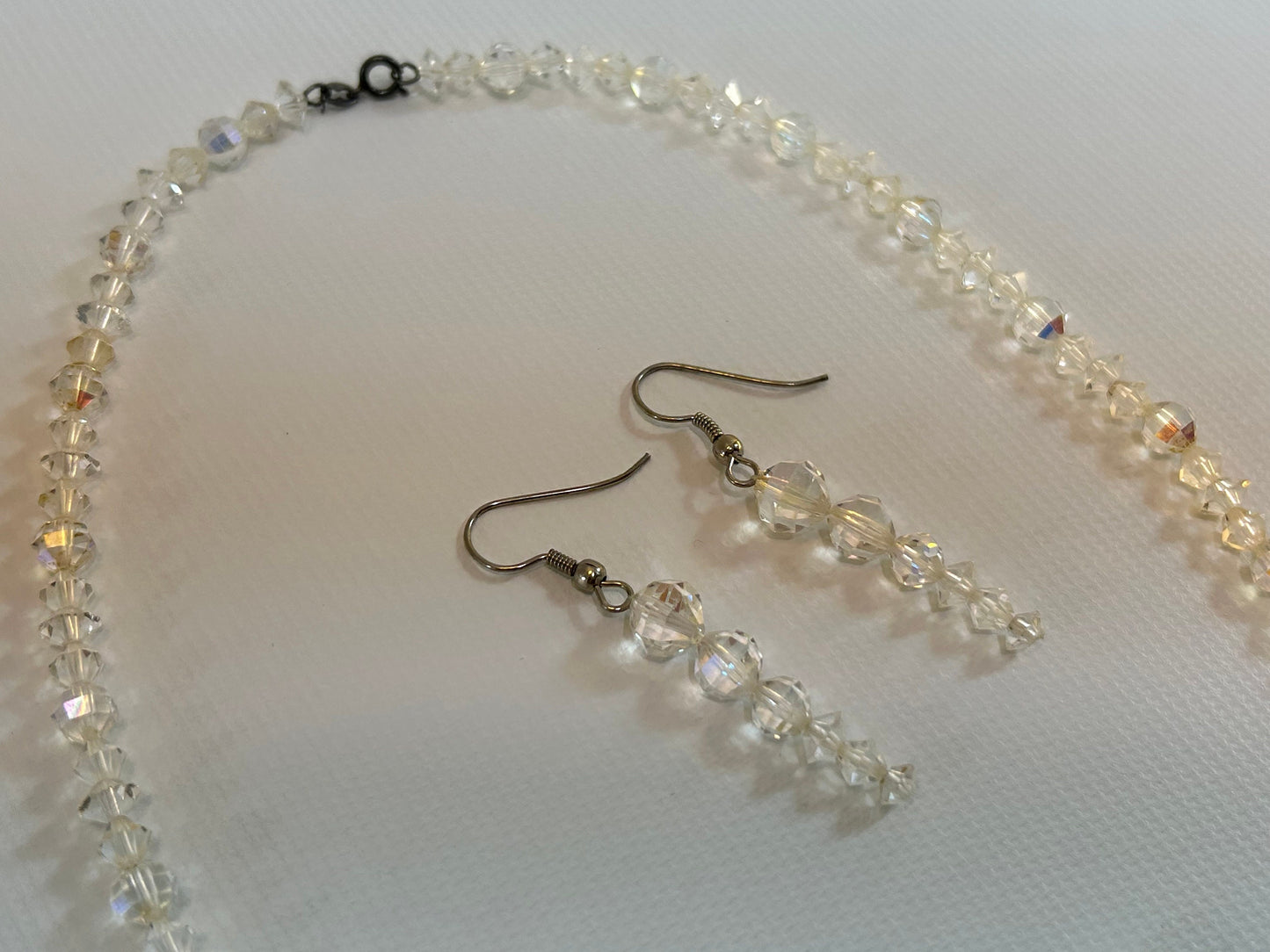 Faceted Aurora Borealis Glass Crystal Bead Necklace Earrings Set Icicle Wire Dangle Snowflake Stud Dandle Drop Jewelry
