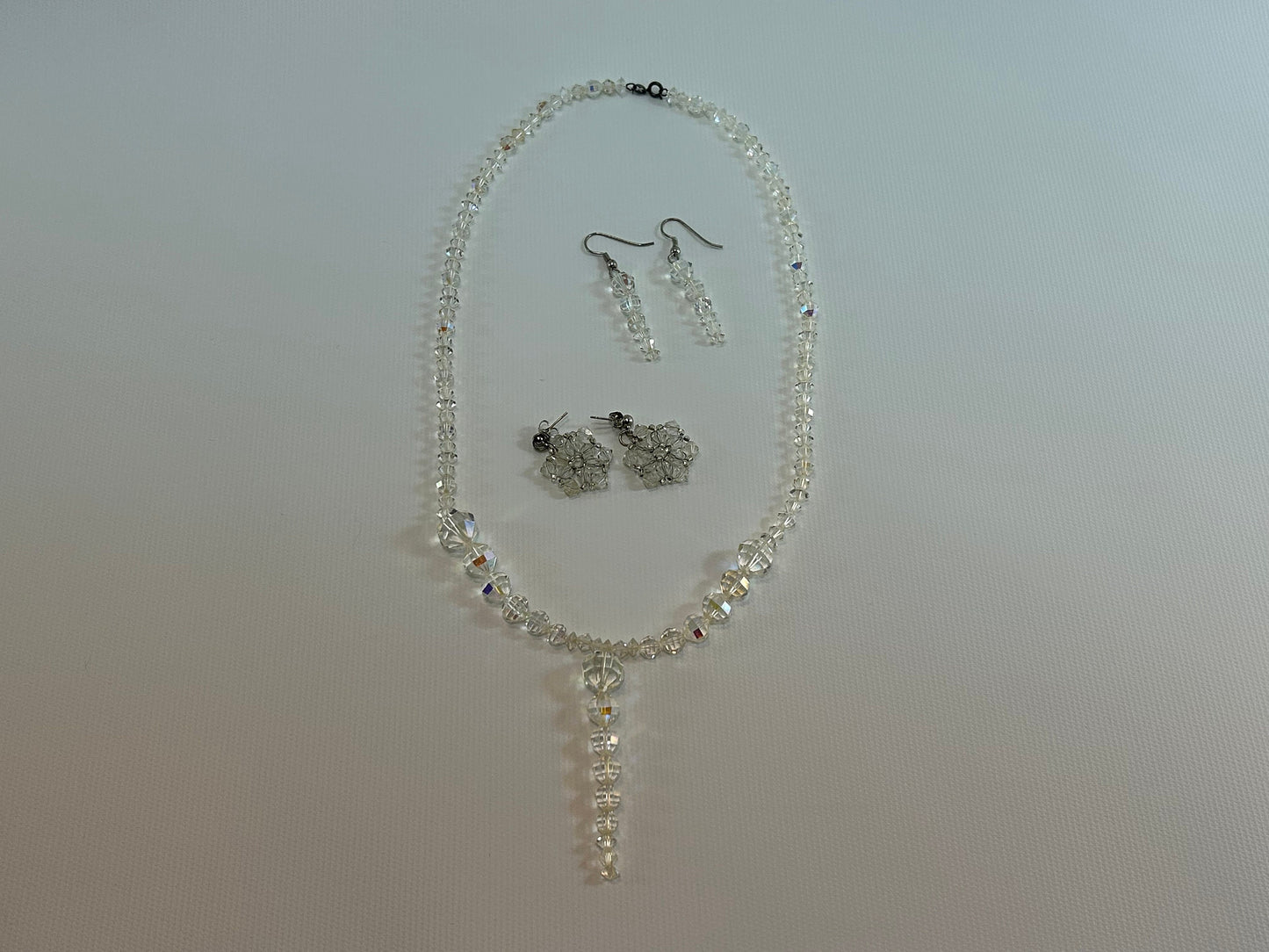 Faceted Aurora Borealis Glass Crystal Bead Necklace Earrings Set Icicle Wire Dangle Snowflake Stud Dandle Drop Jewelry