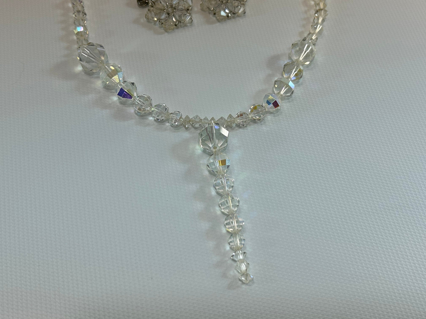 Faceted Aurora Borealis Glass Crystal Bead Necklace Earrings Set Icicle Wire Dangle Snowflake Stud Dandle Drop Jewelry