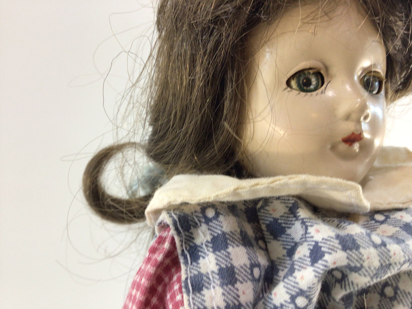 Sleepy Eye Composition Doll Vintage Toy in Handmade Blue and Red Checkered Romper Suit Outfit
