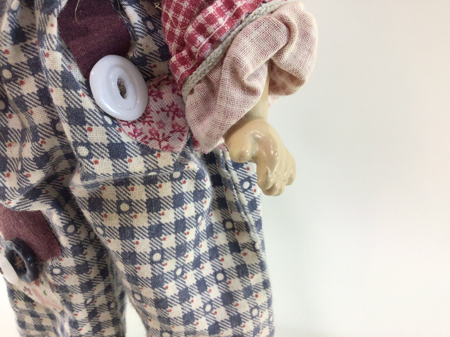 Sleepy Eye Composition Doll Vintage Toy in Handmade Blue and Red Checkered Romper Suit Outfit