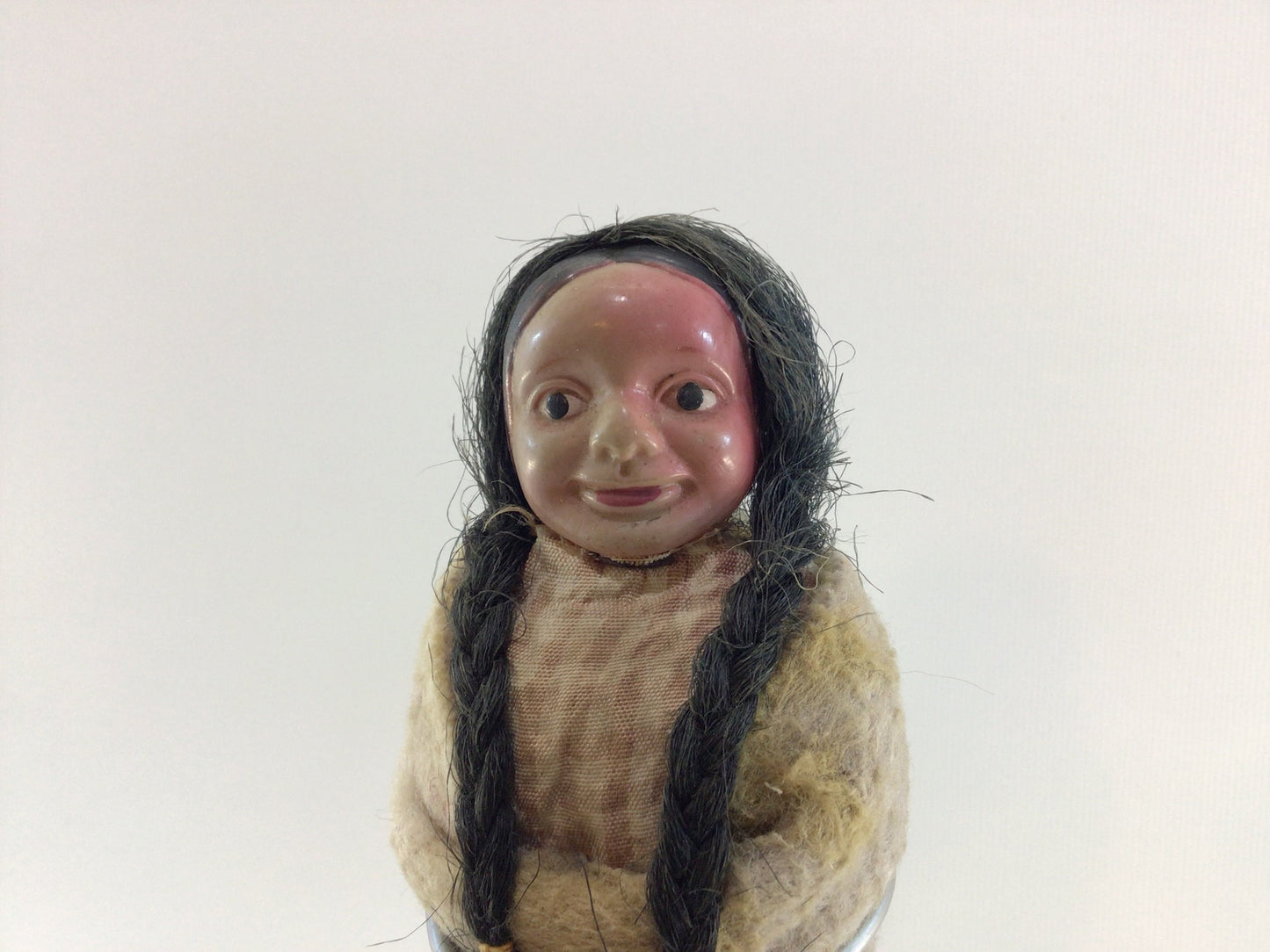 Native American Skookum Doll Vintage Celluloid Souvenir Toy wearing Dyed Felt Blanket