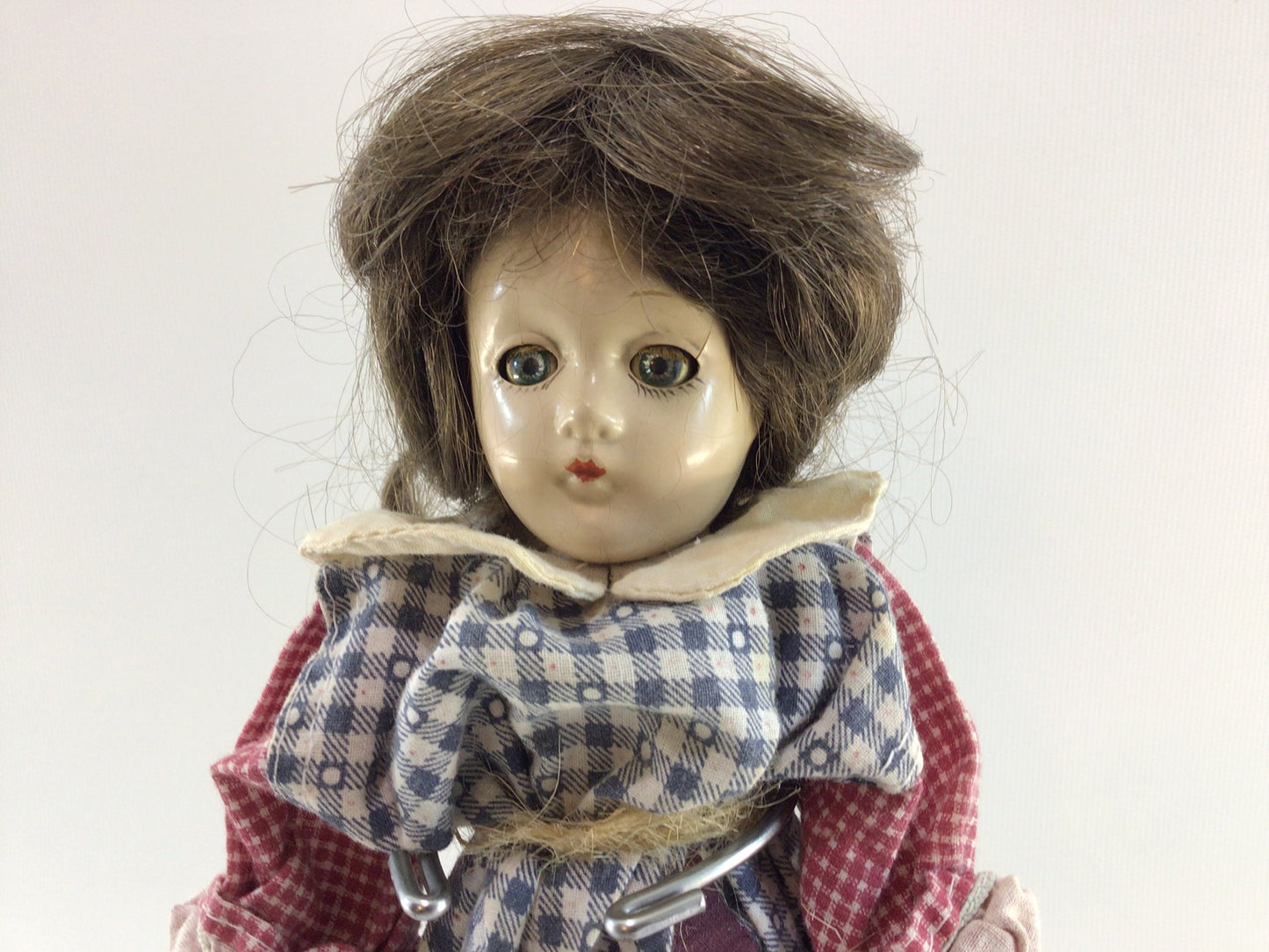 Sleepy Eye Composition Doll Vintage Toy in Handmade Blue and Red Checkered Romper Suit Outfit