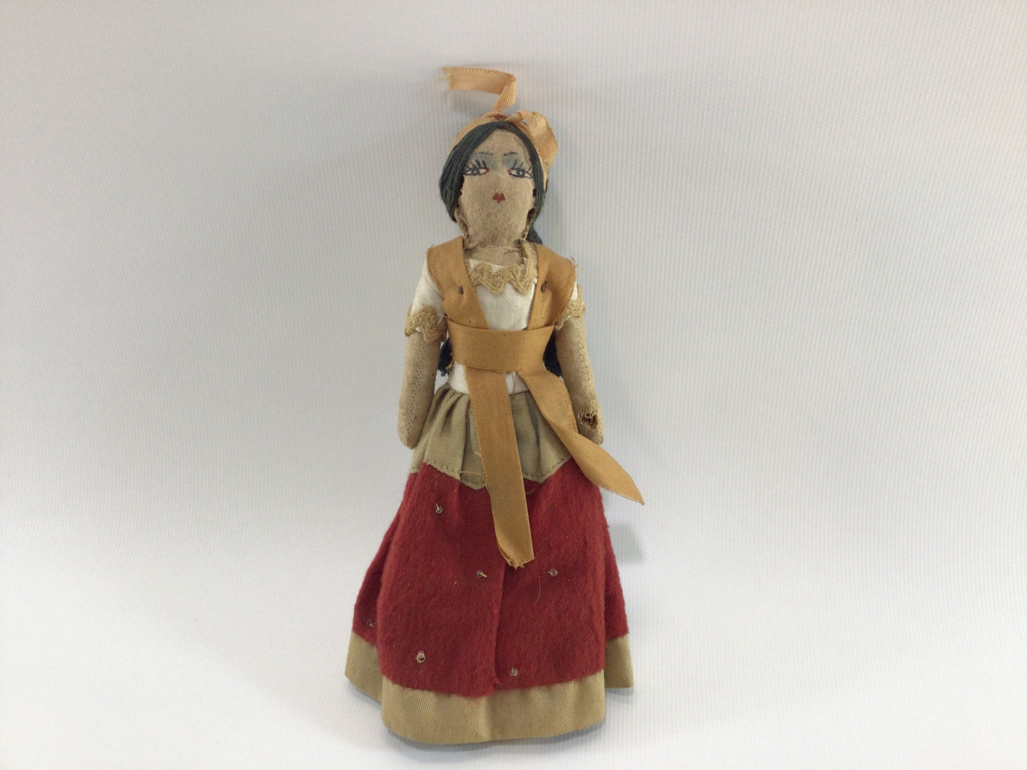 Mexican Senorita Doll Vintage Excelsior Toy Souvenir in Faded Red Green Dress