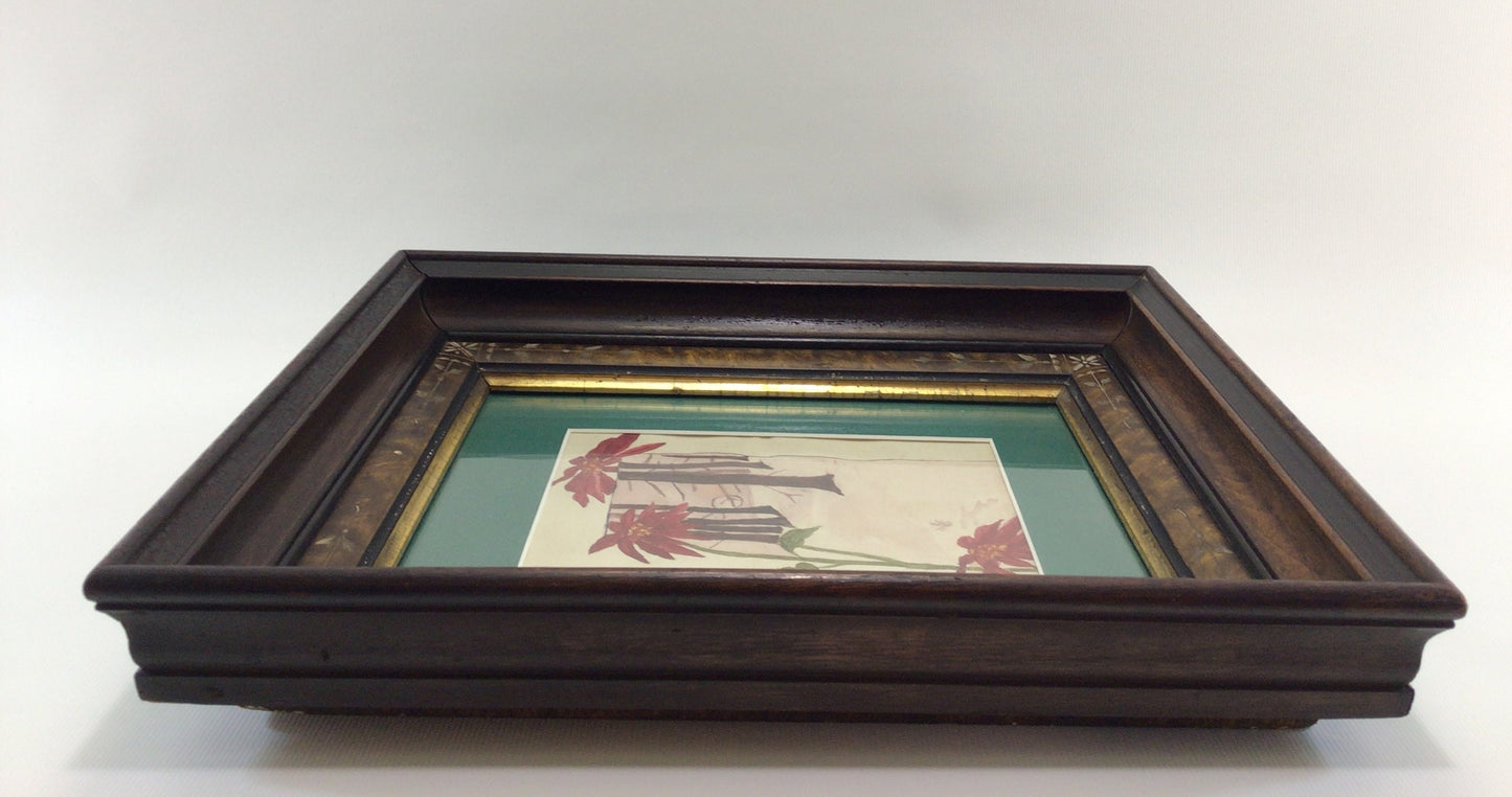 Folk Art Watercolor Christmas Poinsettias Painting Framed 12" x 14" Vintage Home Wall Decor