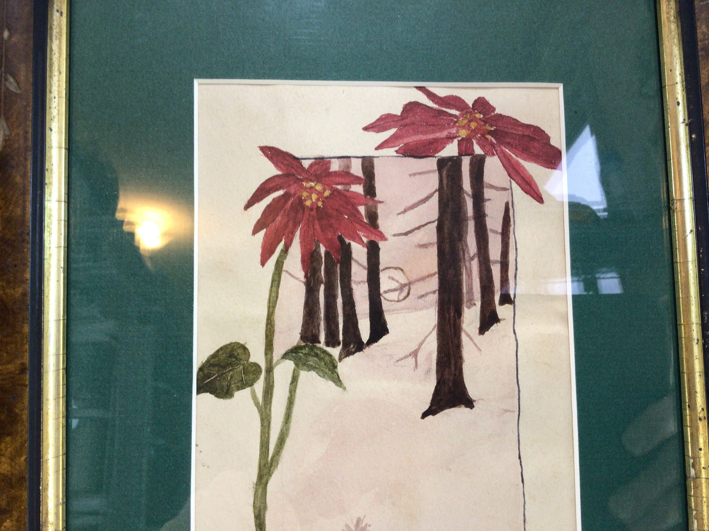 Folk Art Watercolor Christmas Poinsettias Painting Framed 12" x 14" Vintage Home Wall Decor