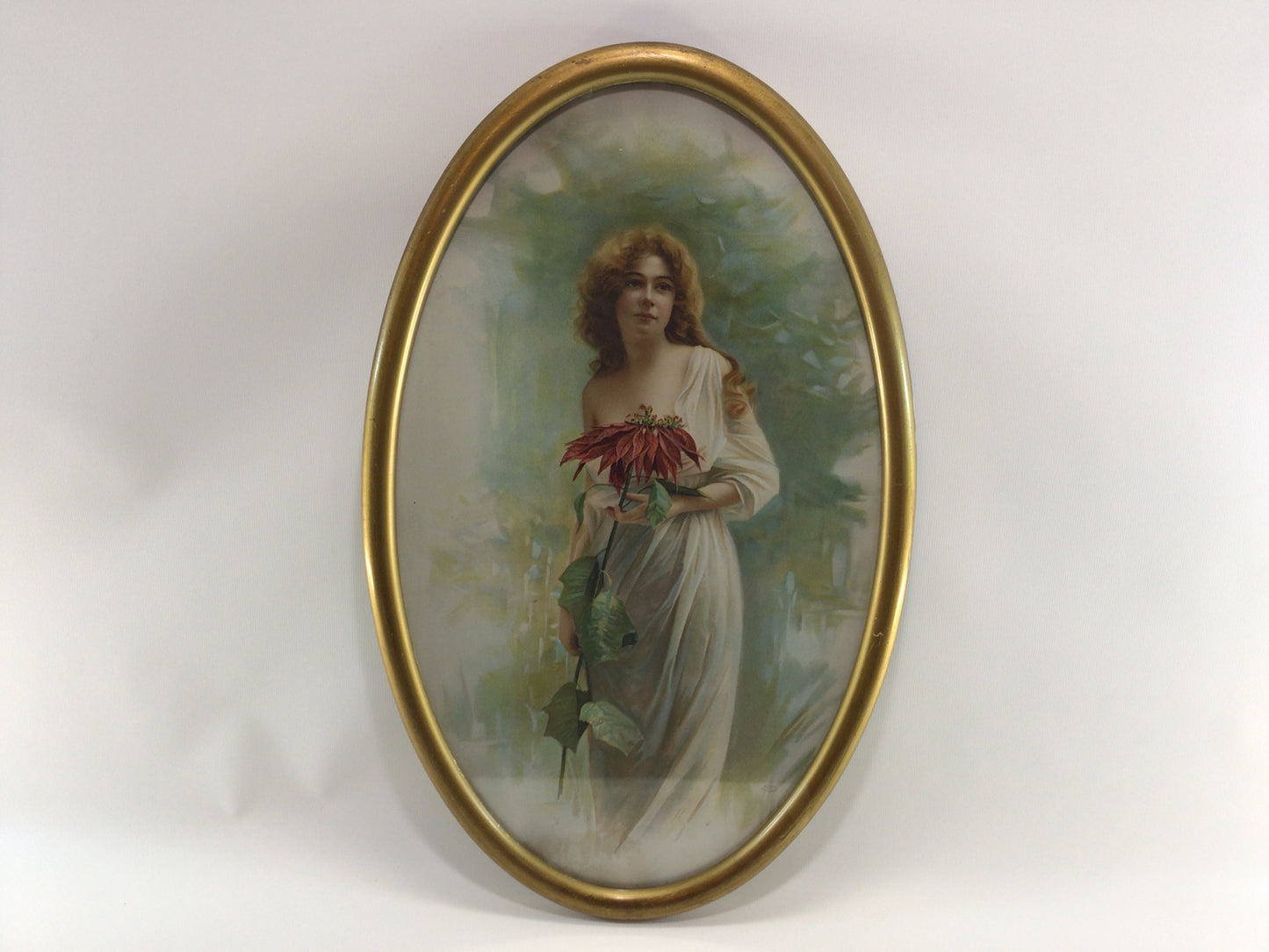 Christmas Poinsettia 1907 Framed Oval Lithograph Print 13" x 21" Antique Holiday Home Wall Decor M F Tobin