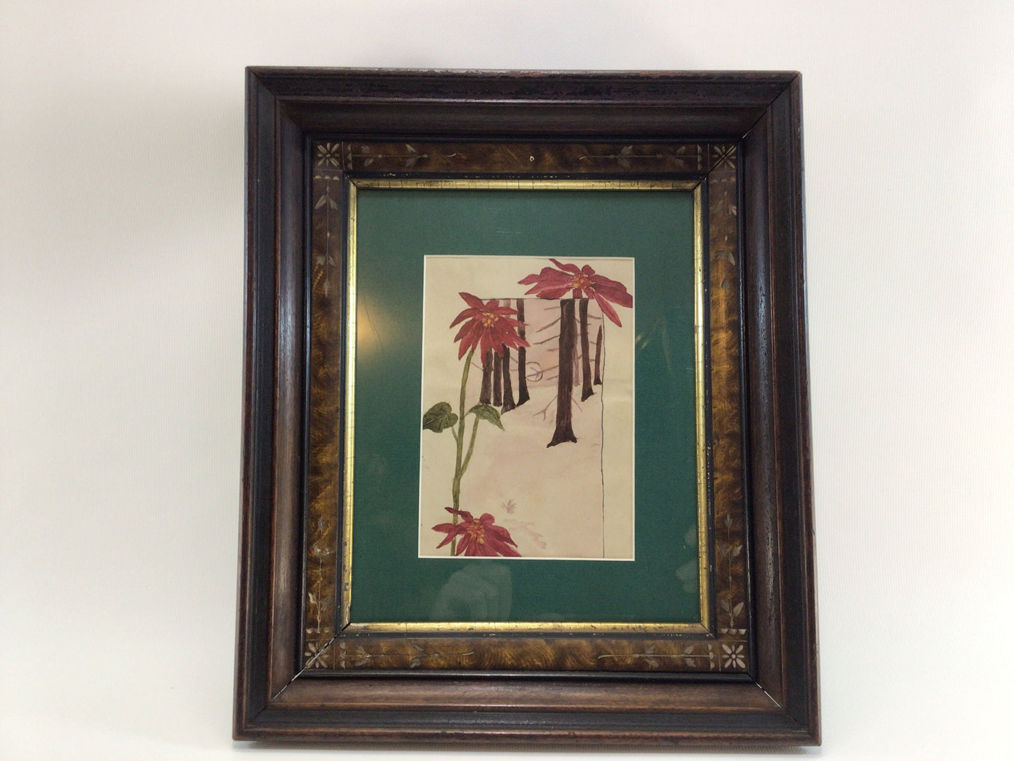 Folk Art Watercolor Christmas Poinsettias Painting Framed 12" x 14" Vintage Home Wall Decor