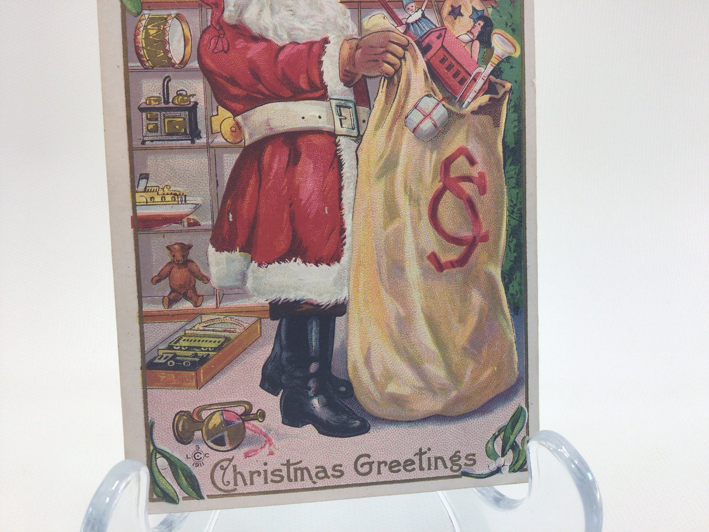Antique Christmas Postcard Embossed Santa Delivering Toys Collectible Victorian Ephemera