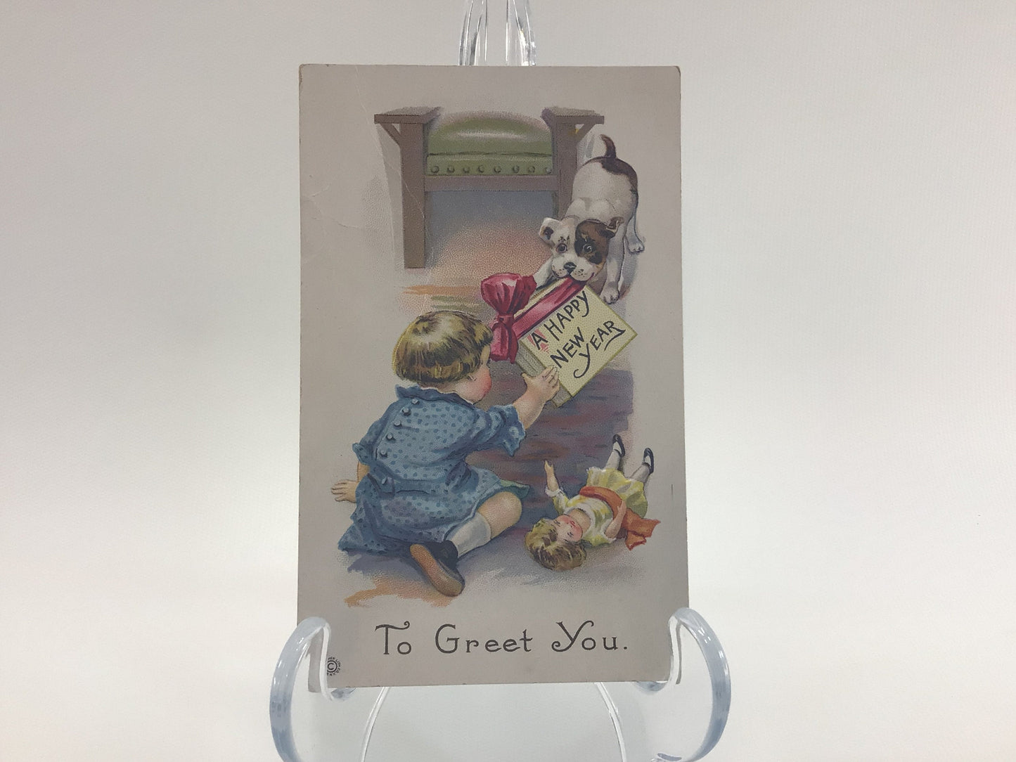 Antique New Year Postcard Embossed Toddler with Puppy Collectible Victorian Ephemera