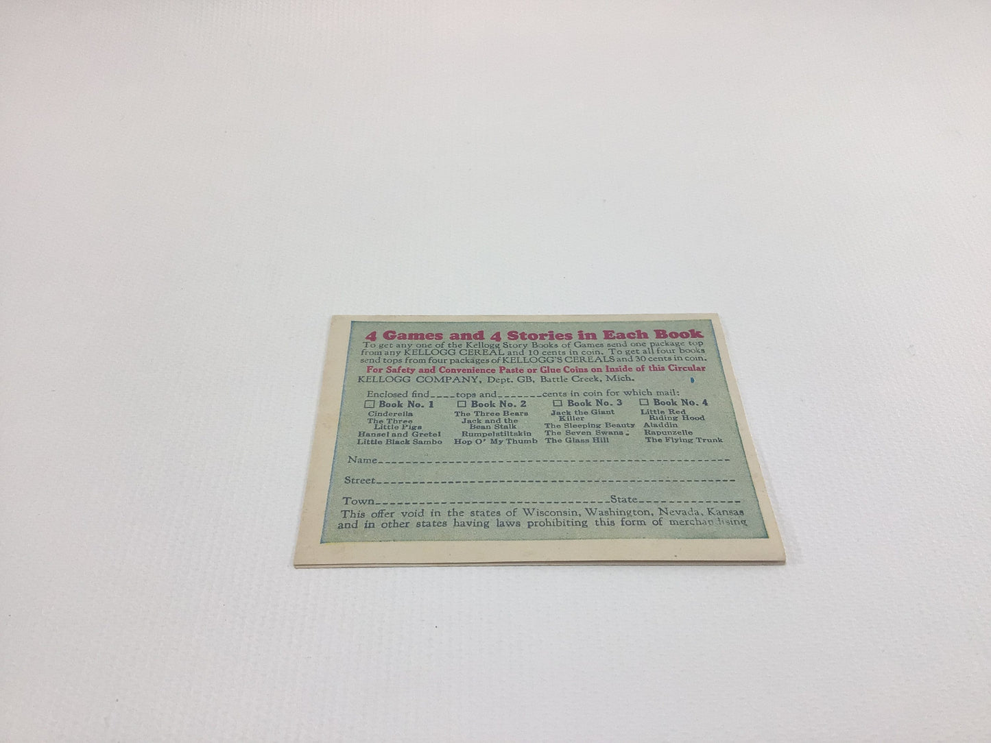 Kellogg's Breakfast Cereal Story Book of Games Vintage Advertising Order Form Ephemera