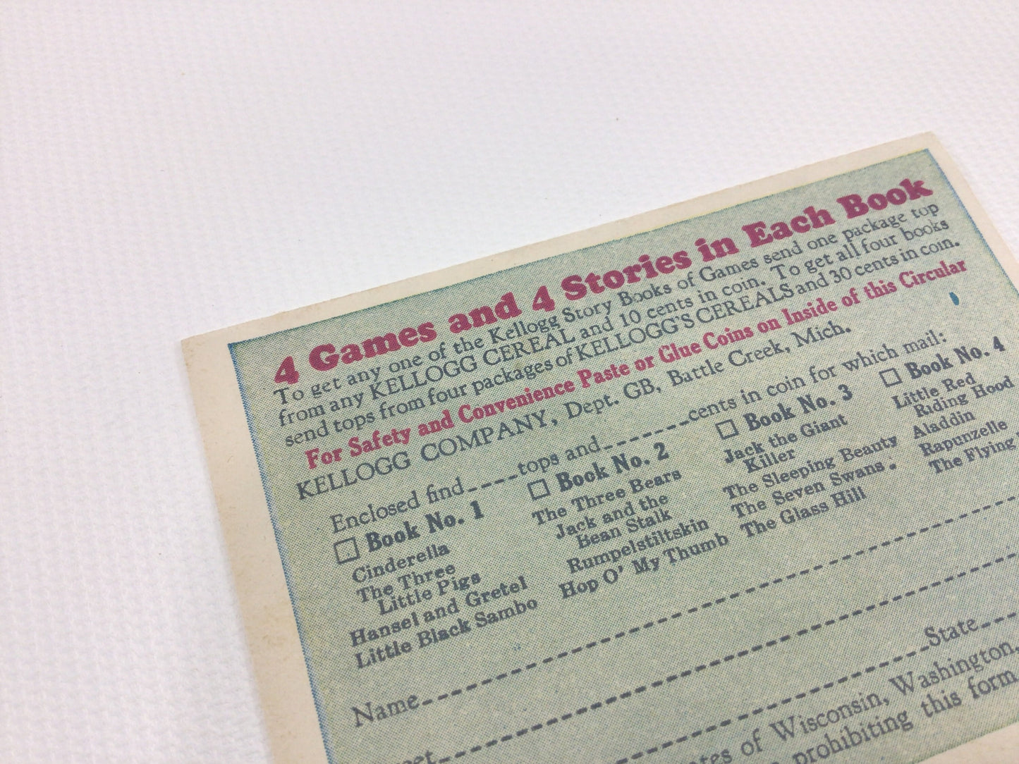 Kellogg's Breakfast Cereal Story Book of Games Vintage Advertising Order Form Ephemera