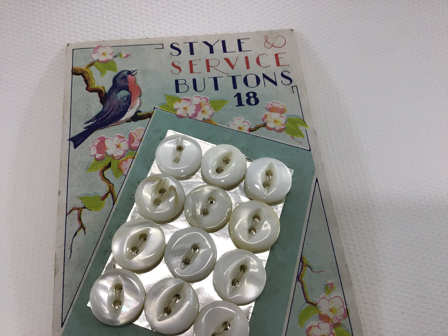 Vintage Buttons on Card Sewing Notions Bluebird Service Style Buttons Mother of Pearl Size 18