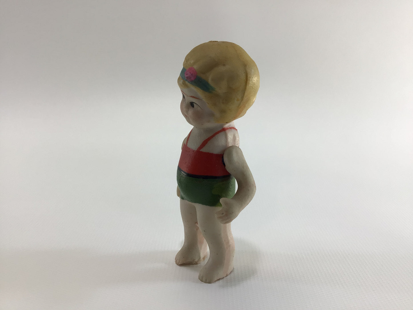 Bisque Ceramic Little Swimsuit Girl with Articulated Arms 1930s Vintage Miniature Toy Frozen Charlotte Style Doll Made in Japan