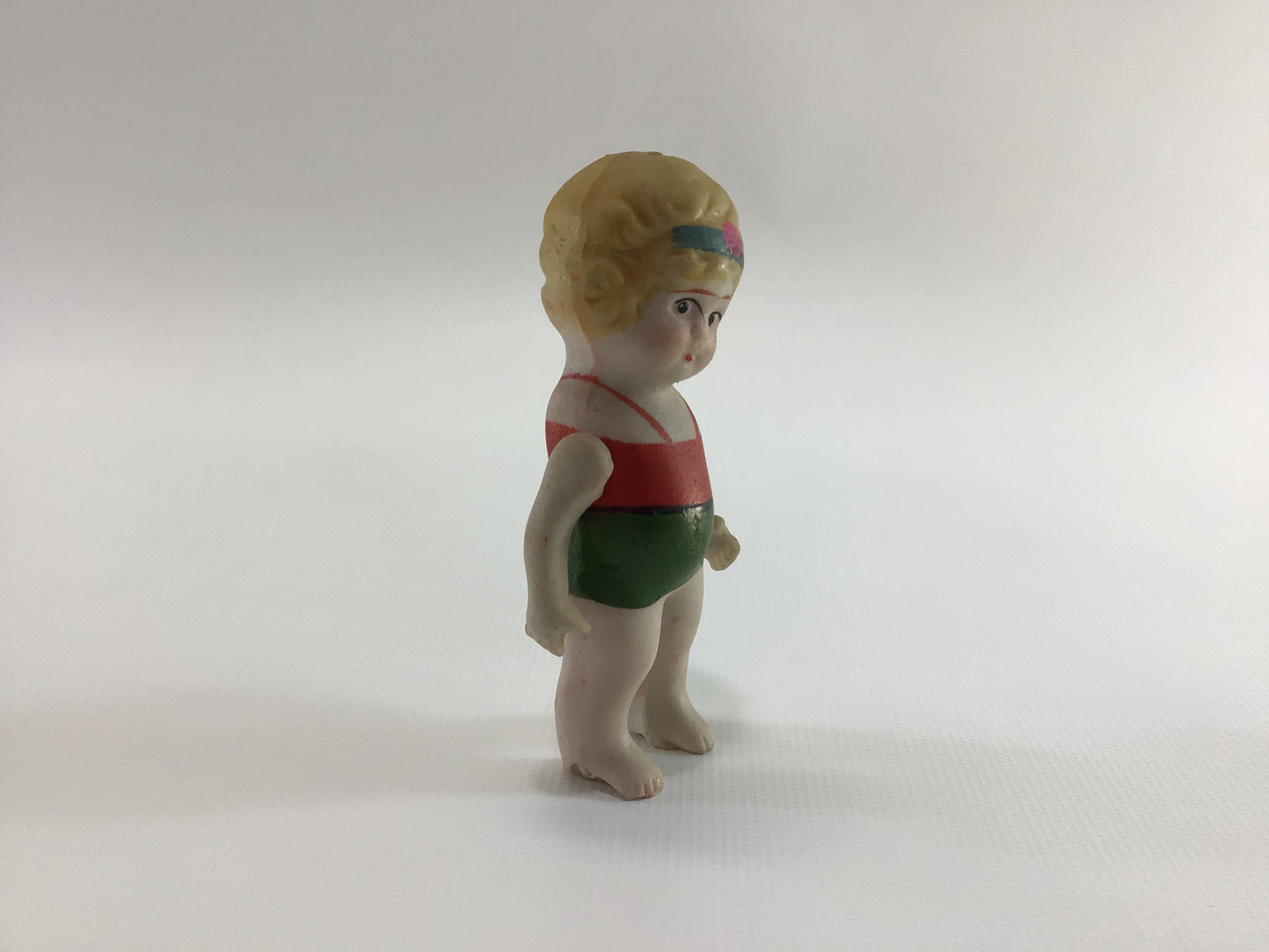 Bisque Ceramic Little Swimsuit Girl with Articulated Arms 1930s Vintage Miniature Toy Frozen Charlotte Style Doll Made in Japan