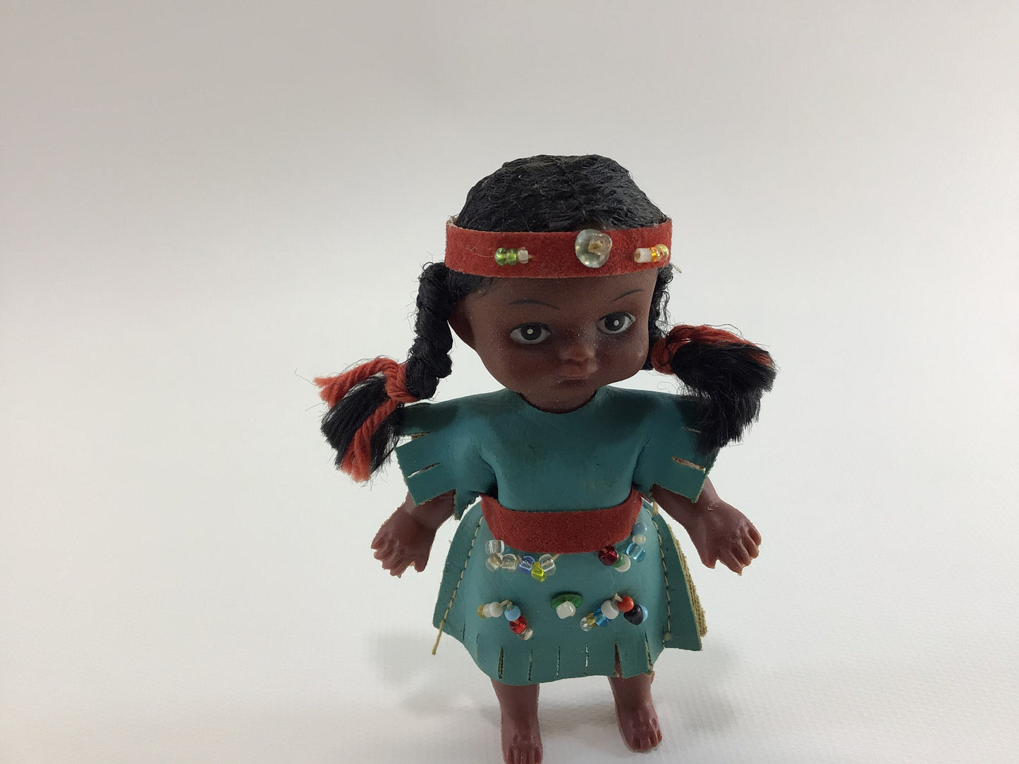 Native American 4" Doll Vintage Molded Plastic Beaded Pleather Dress Souvenir Toy