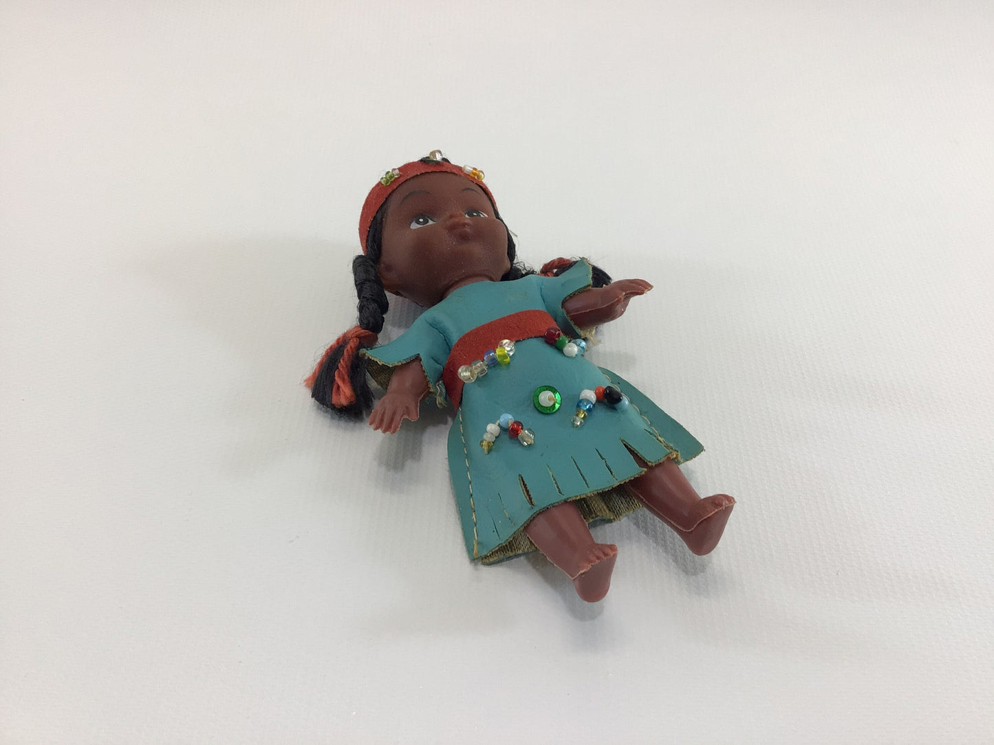 Native American 4" Doll Vintage Molded Plastic Beaded Pleather Dress Souvenir Toy