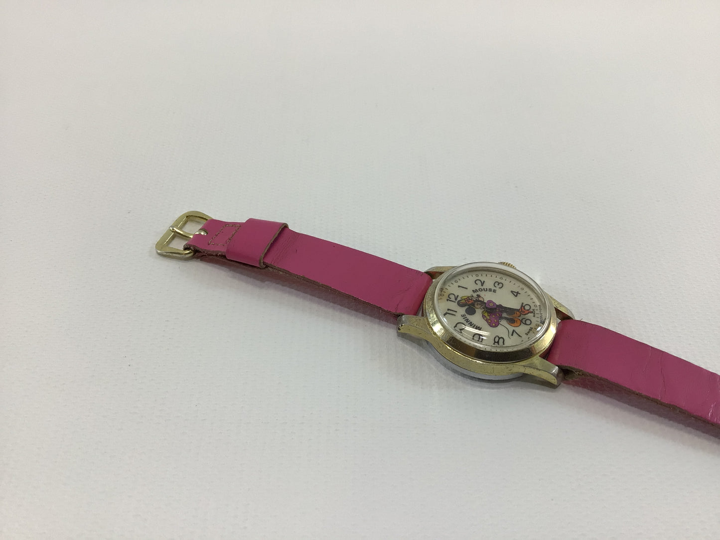 Minnie Mouse Wristwatch Vintage Walt Disney Productions Bradley Swiss Movement Mechanical Wind with Pink Leather Strap