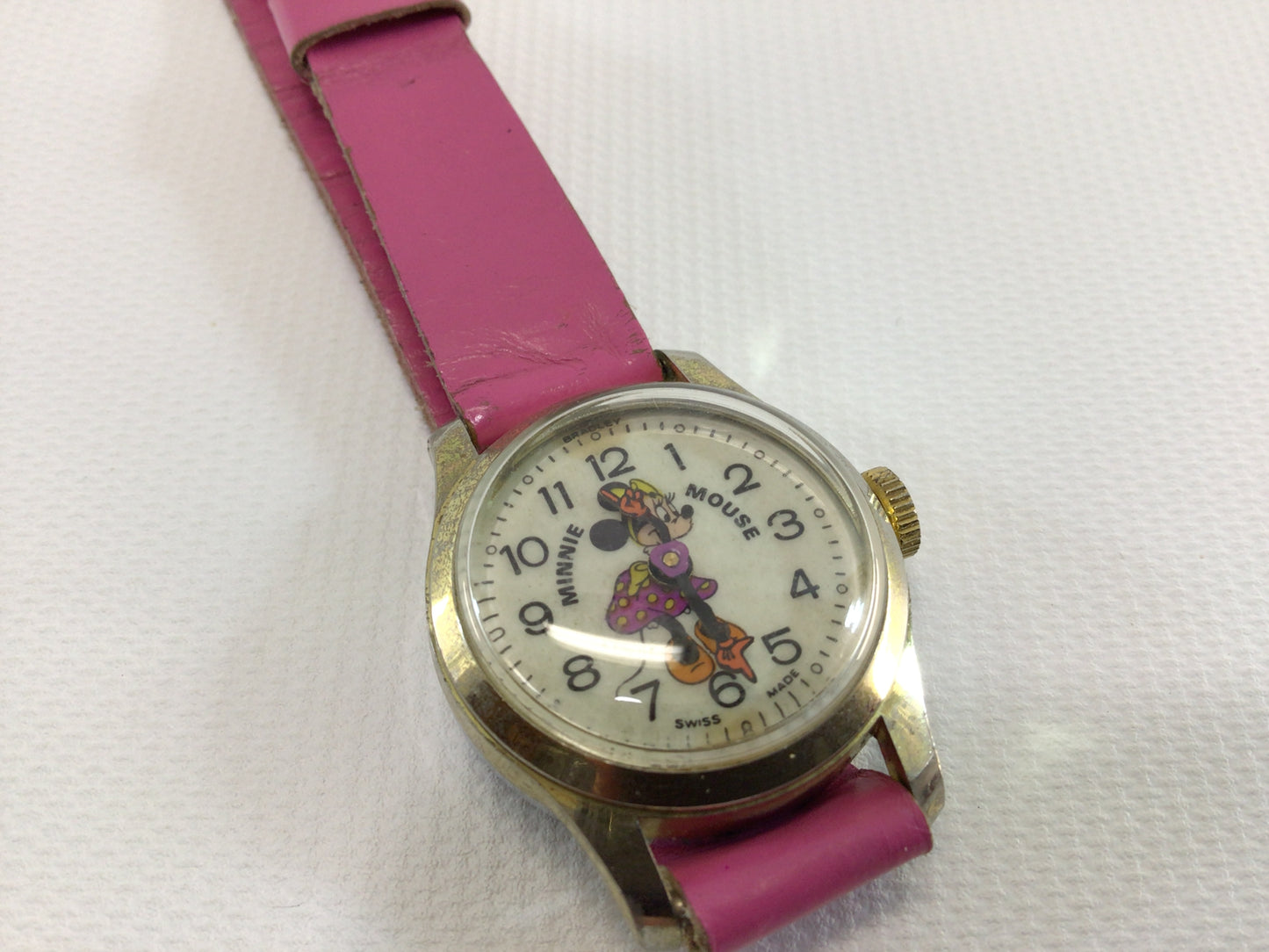 Minnie Mouse Wristwatch Vintage Walt Disney Productions Bradley Swiss Movement Mechanical Wind with Pink Leather Strap