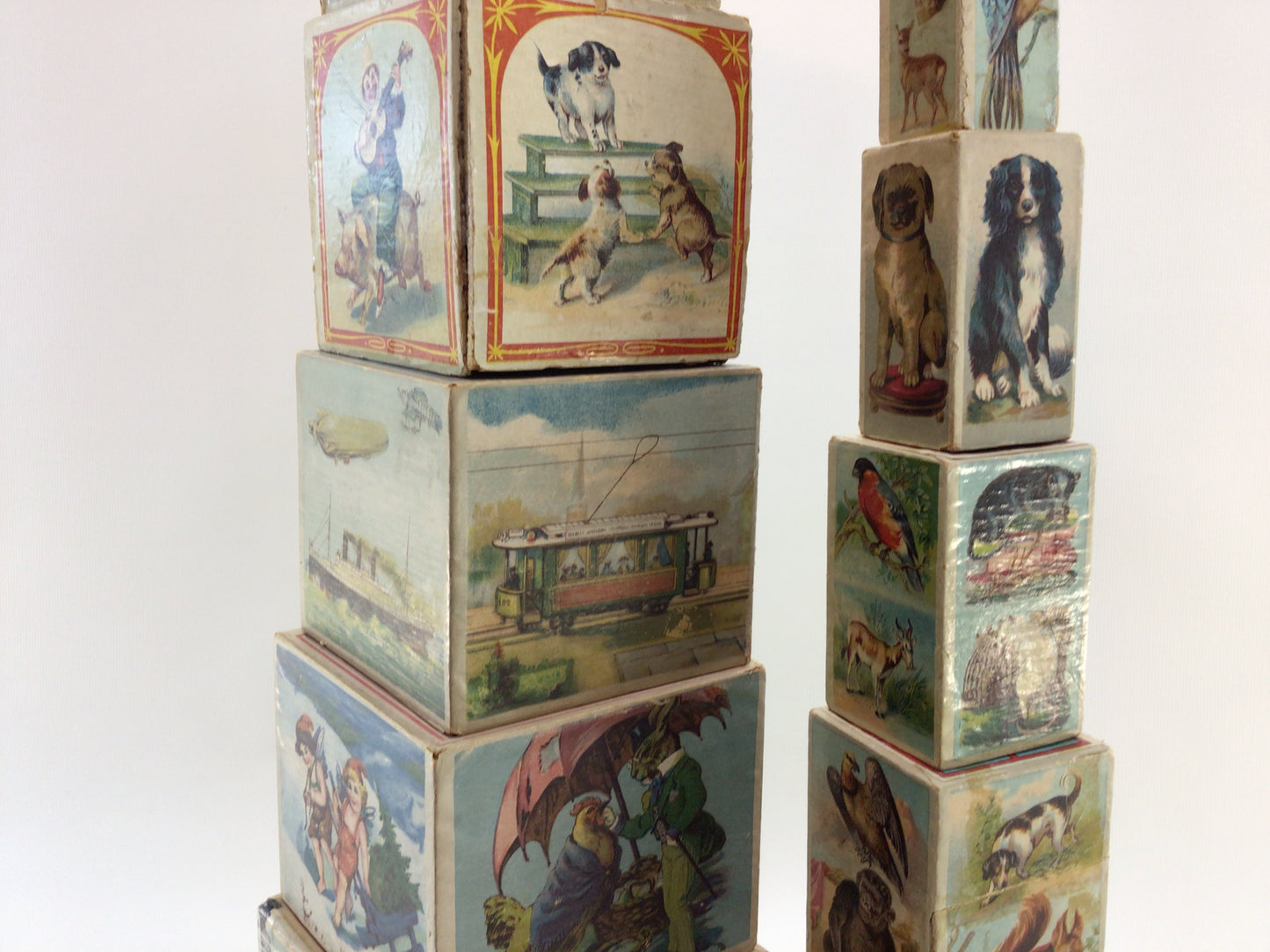 Antique Toy 10 Piece Stacking Blocks Wood Panel Paper Lithograph Made in Germany