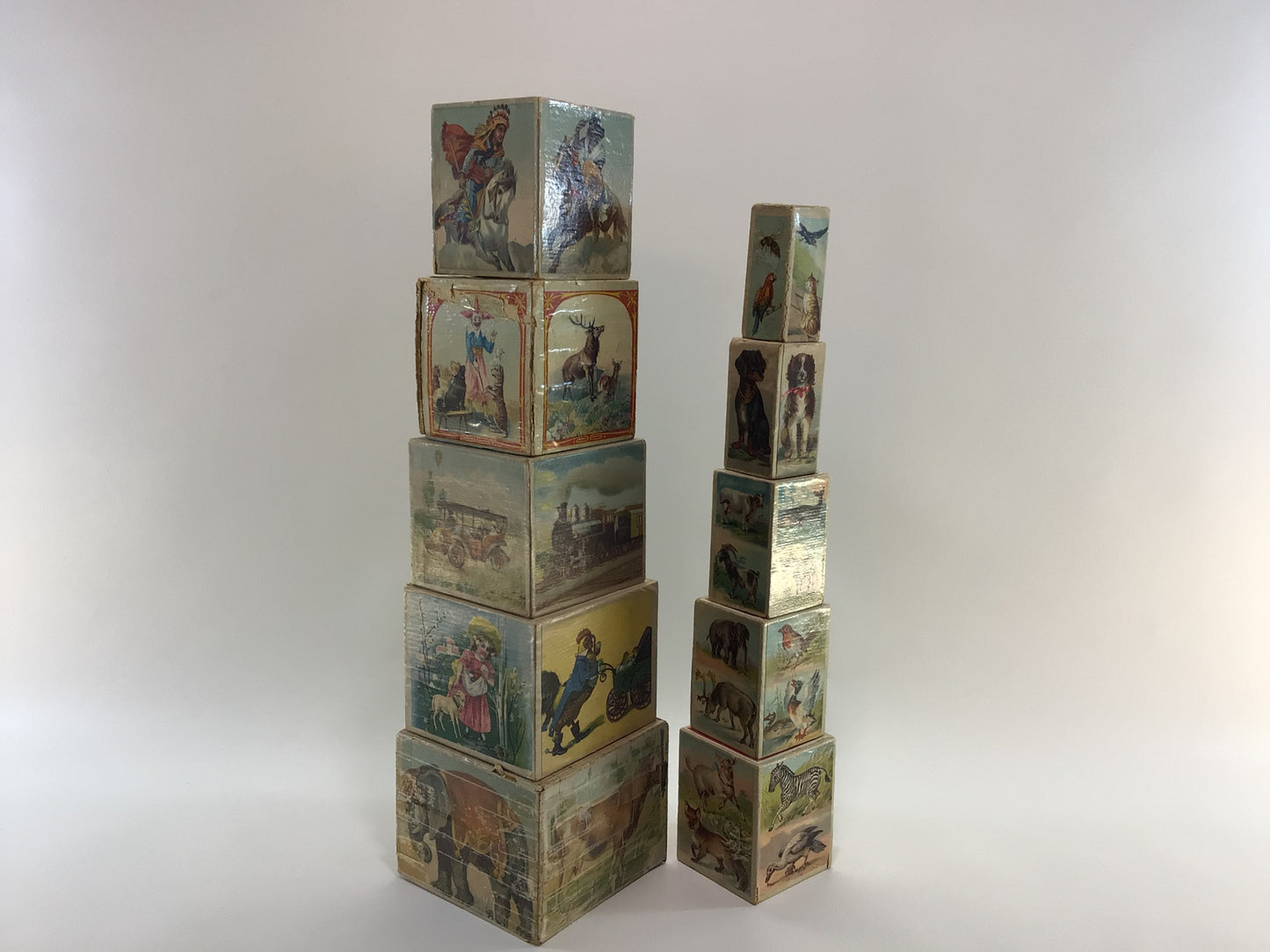 Antique Toy 10 Piece Stacking Blocks Wood Panel Paper Lithograph Made in Germany