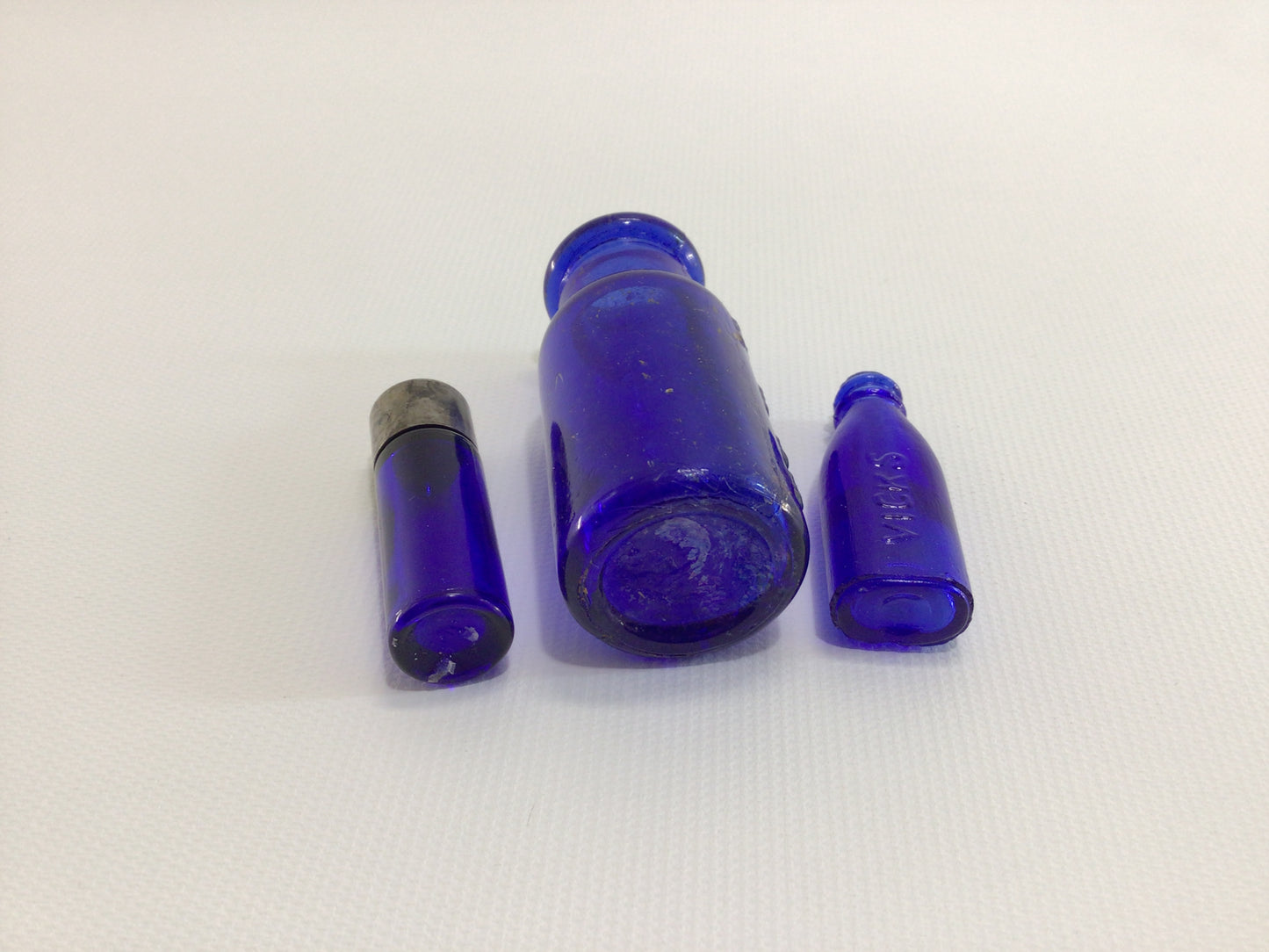 Cobalt Blue Glass Miniature Antique Bottles Bromo-Seltzer Vick's Drops and Metal Screw Top