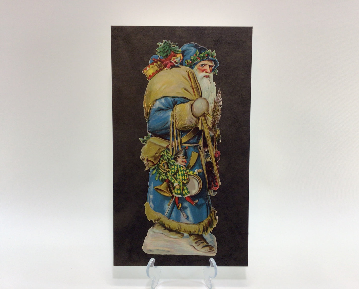 Framed German Scrap Large Embossed Blue Robe Santa Claus Antique Christmas Holiday Ephemera