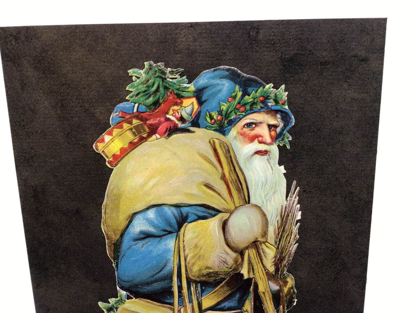 Framed German Scrap Large Embossed Blue Robe Santa Claus Antique Christmas Holiday Ephemera