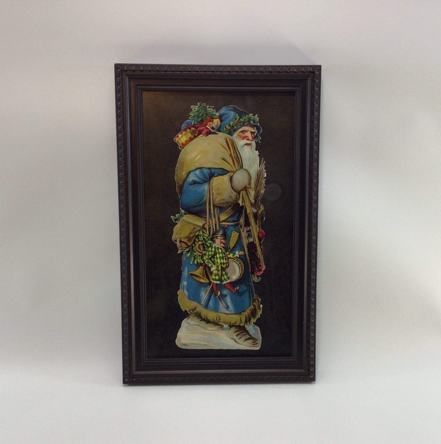 Framed German Scrap Large Embossed Blue Robe Santa Claus Antique Christmas Holiday Ephemera