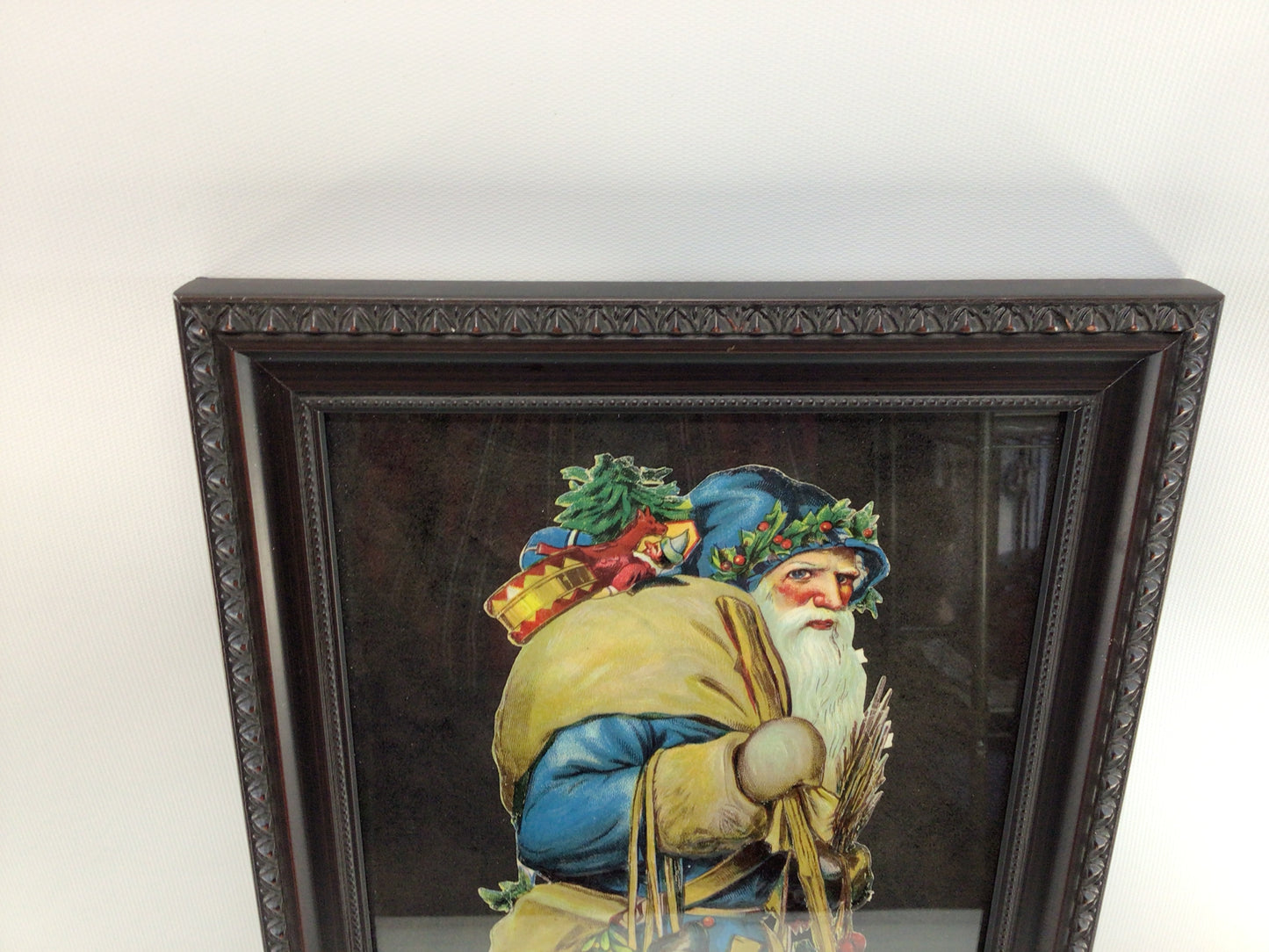 Framed German Scrap Large Embossed Blue Robe Santa Claus Antique Christmas Holiday Ephemera