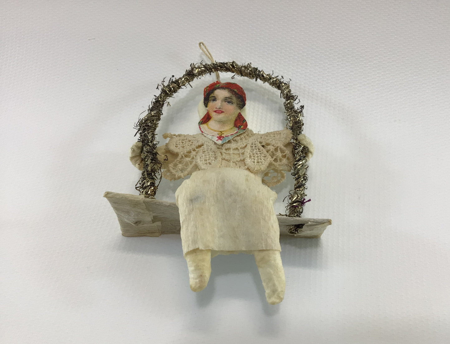 Spun Cotton Paper Face Woman on Swing Christmas Tree Ornament Antique German Folk Art Collectible Holiday Decor